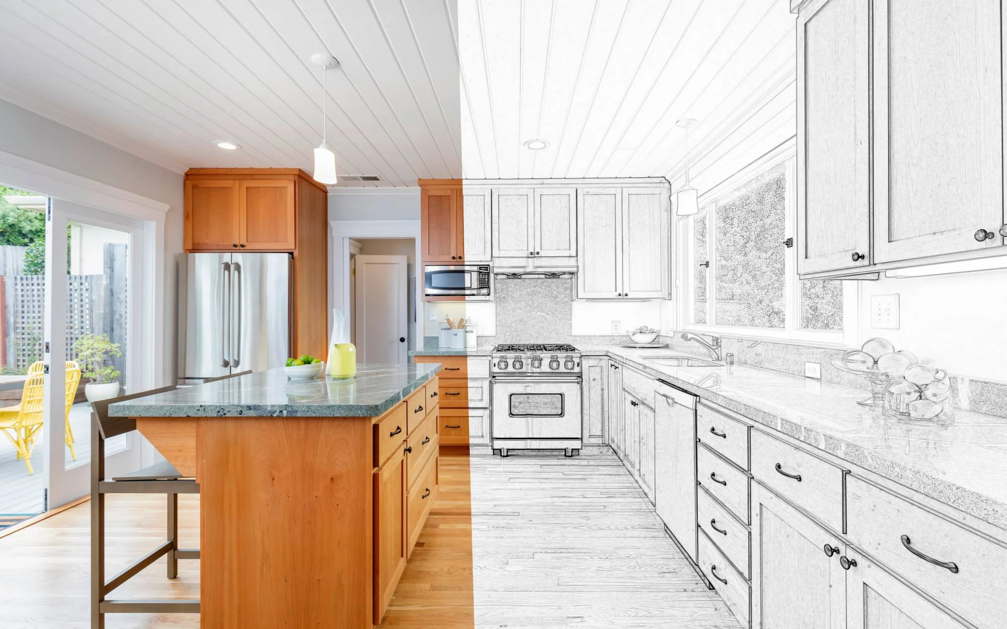 Split Screen Of Drawing and Photo of New Kitchen