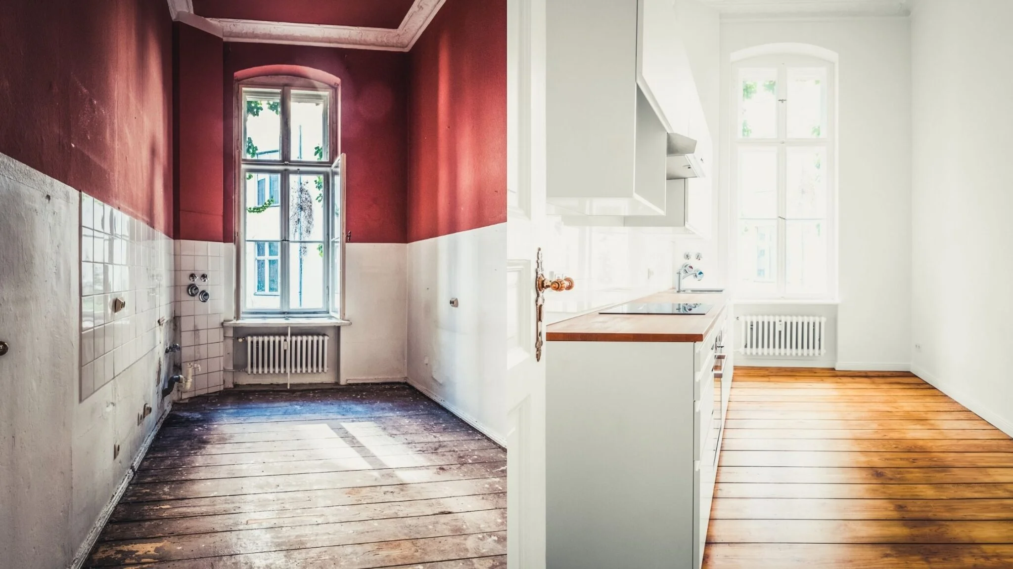. Side-by-side photos of a kitchen, illustrating the transformation from outdated to modern after renovation.