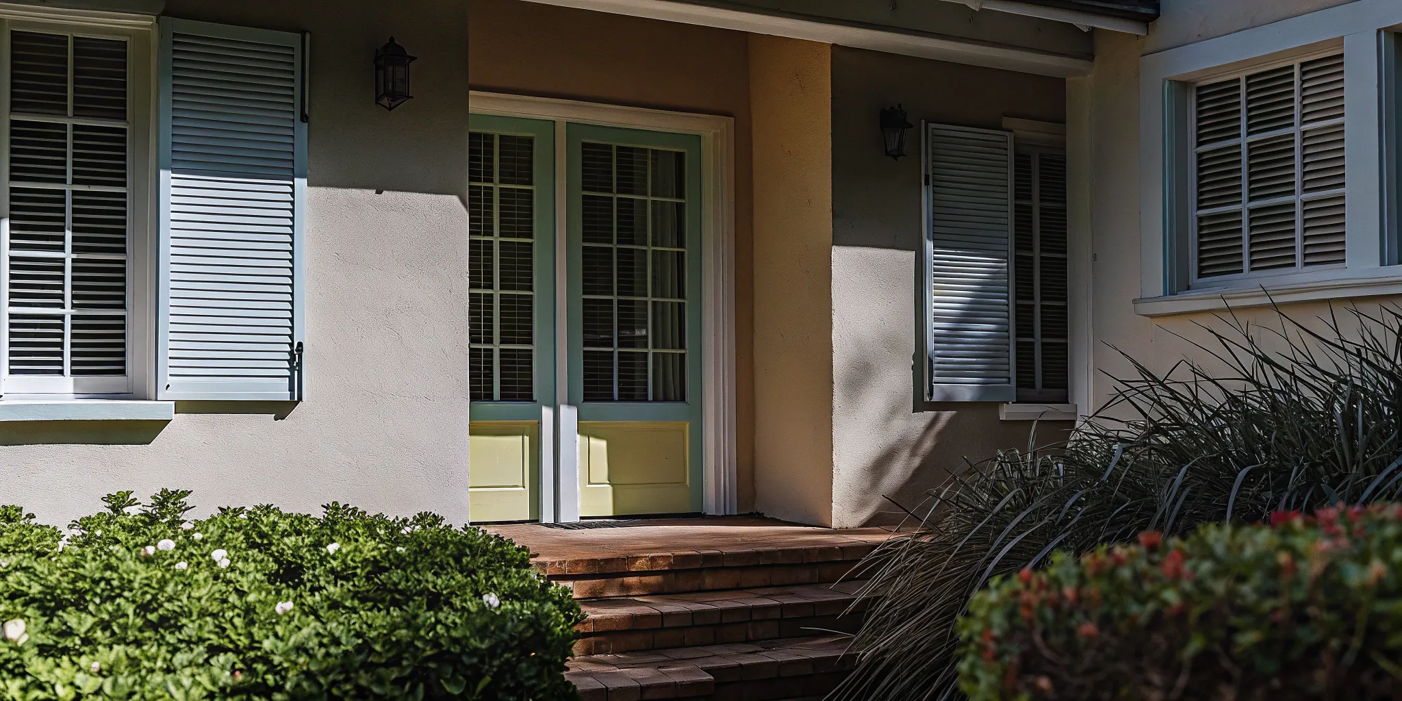 A house exterior with a best colour combination of light walls, a pastel door, and white shutters.