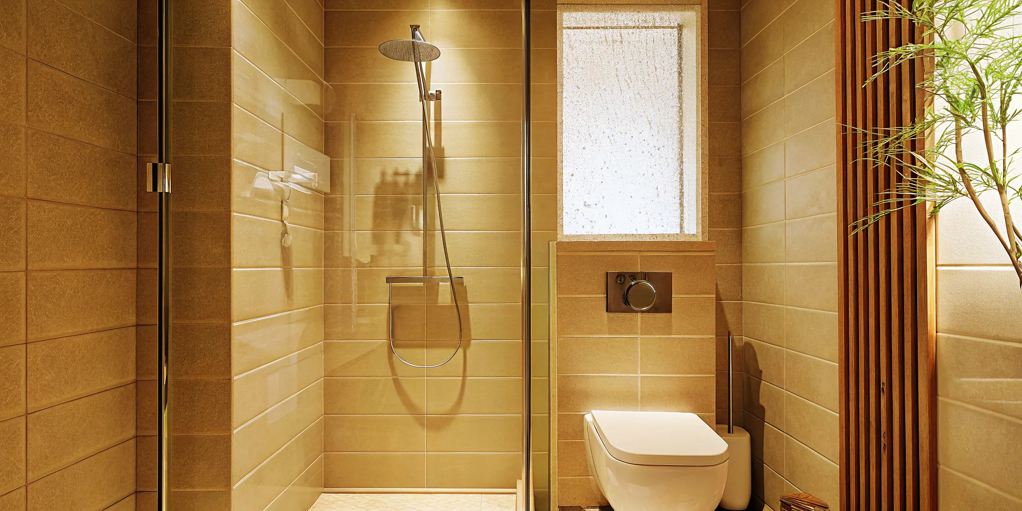 A modern small bathroom idea with a walk-in shower, wall-mounted toilet, and beige tiles.