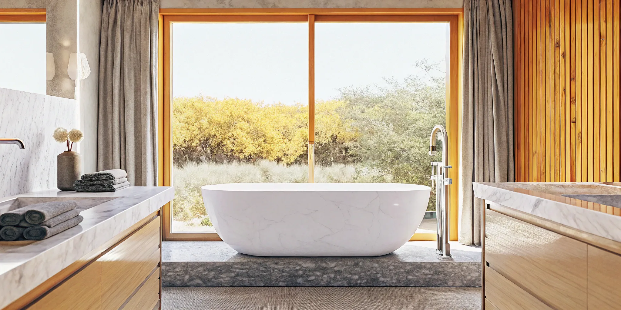 Master bathroom layout with a freestanding tub set against a large window and a modern marble vanity.