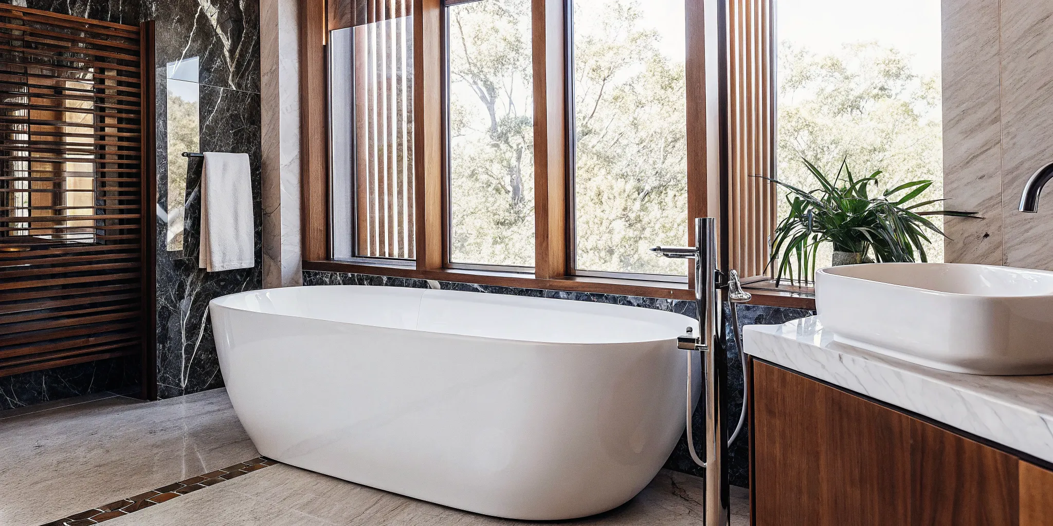 Modern bathroom with a freestanding tub, the result of expert bathroom remodeling services.