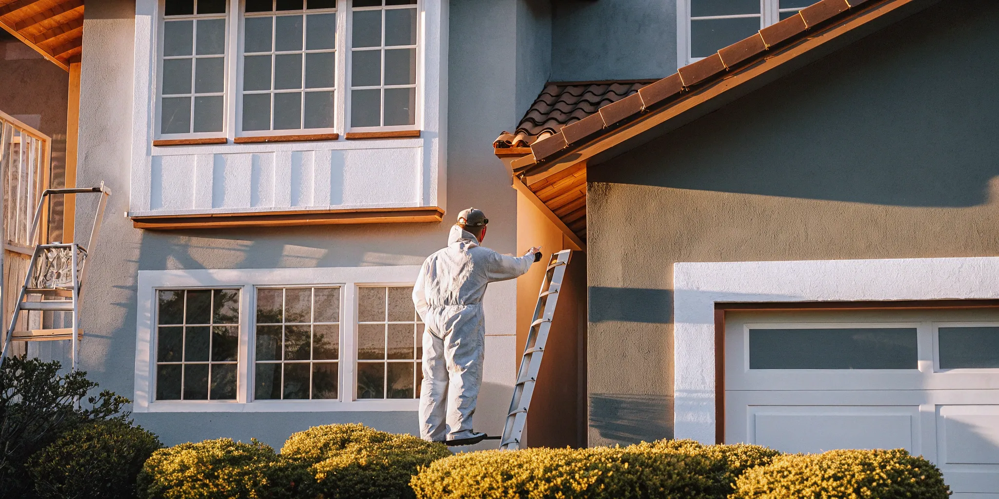 Professional painter on a ladder, a key factor in the cost to paint a house exterior.
