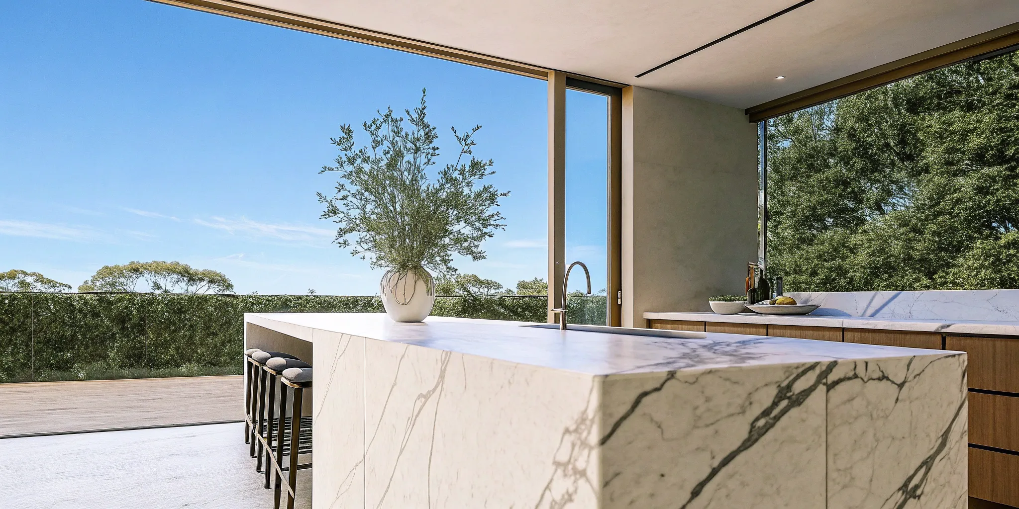 A modern kitchen island design featuring white base cabinets and a marble countertop.