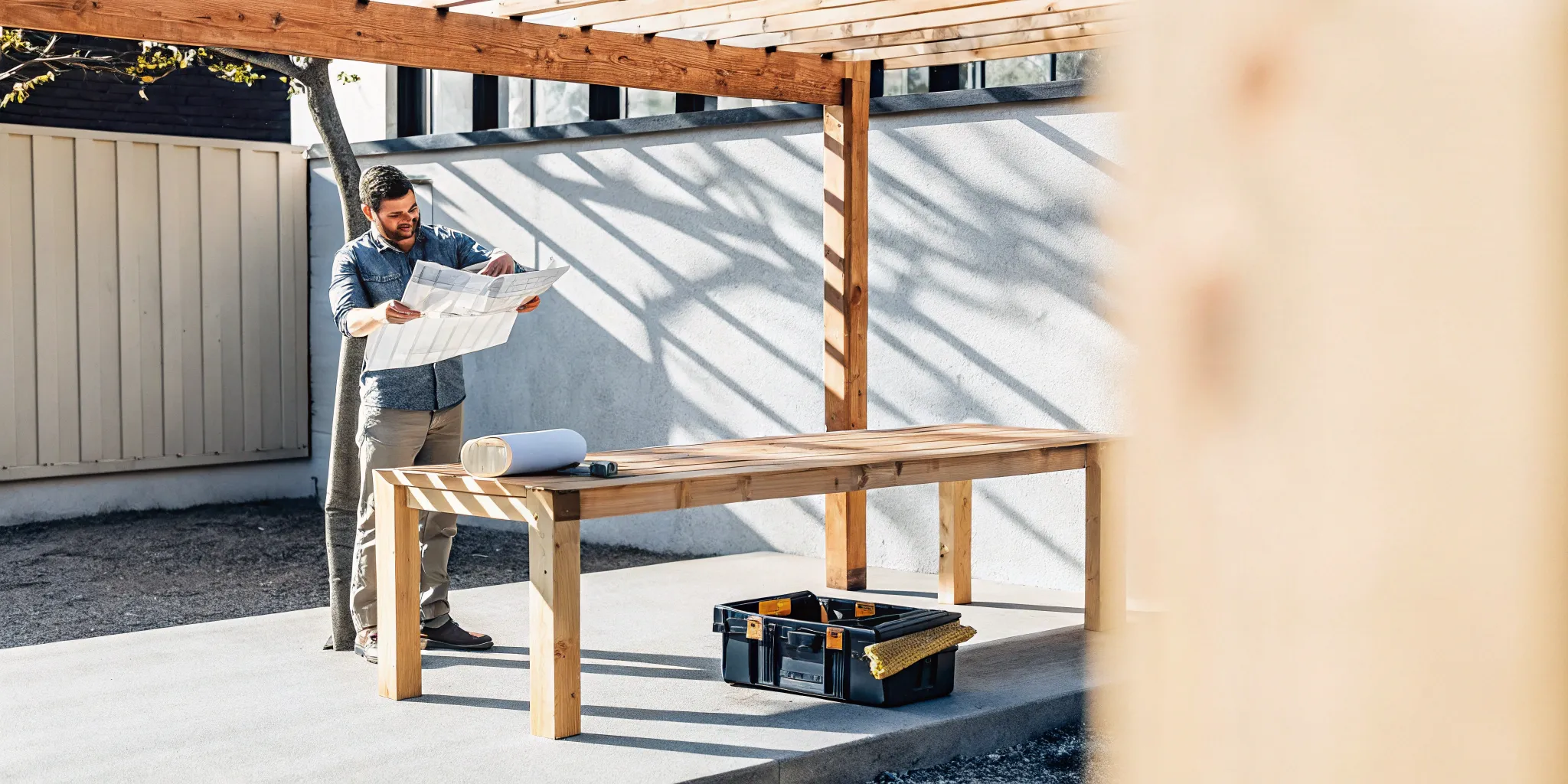 A contractor and homeowner review blueprints for a home addition.