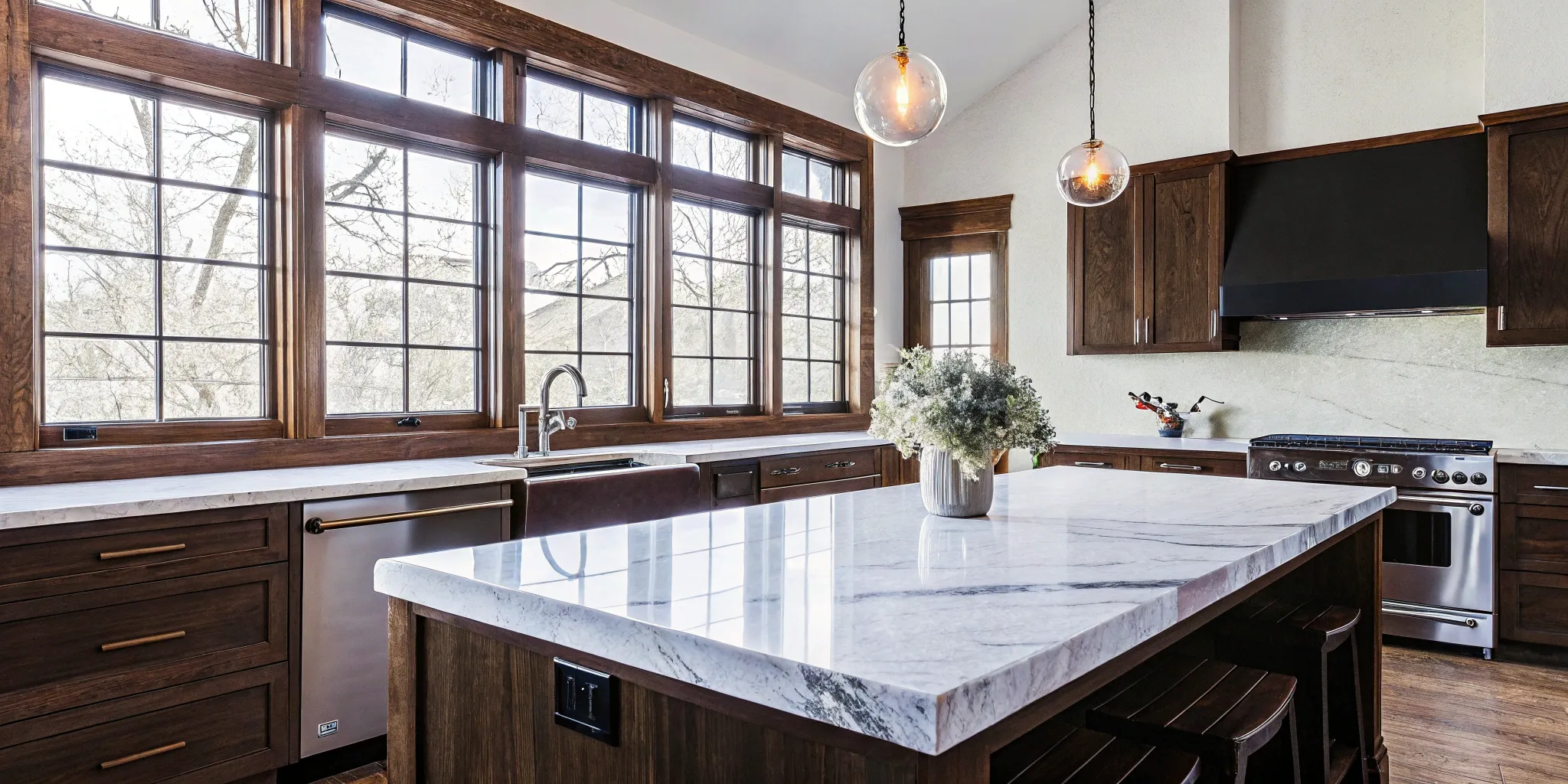 A modern kitchen with dark cabinets and marble countertops delivered by professional renovation services.
