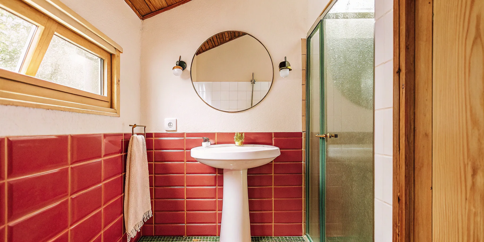 Modern remodel of a very small bathroom with a pedestal sink, round mirror, and glass shower.