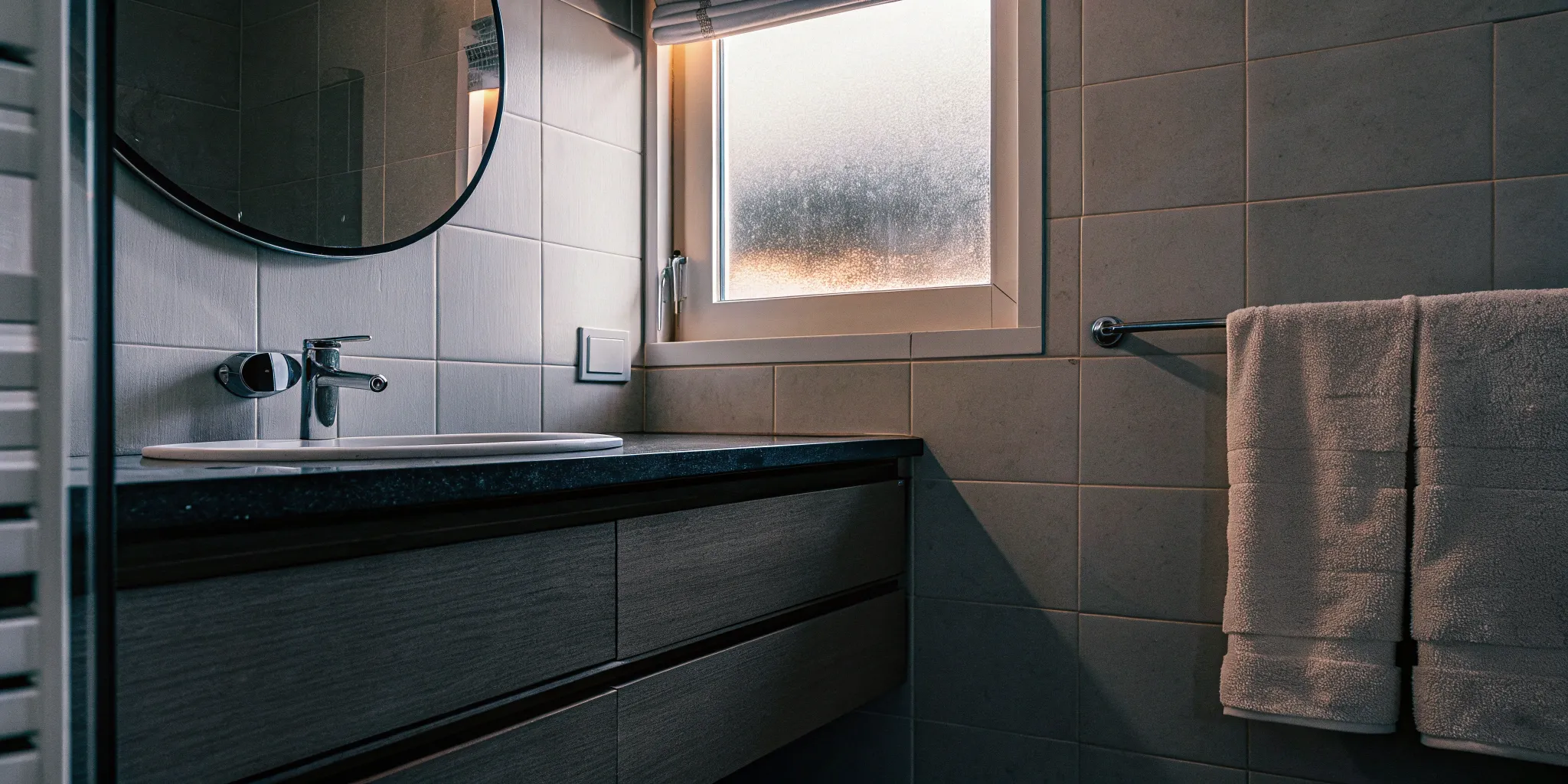 A bright, modern small bathroom remodel with a large mirror and smart under-sink storage.
