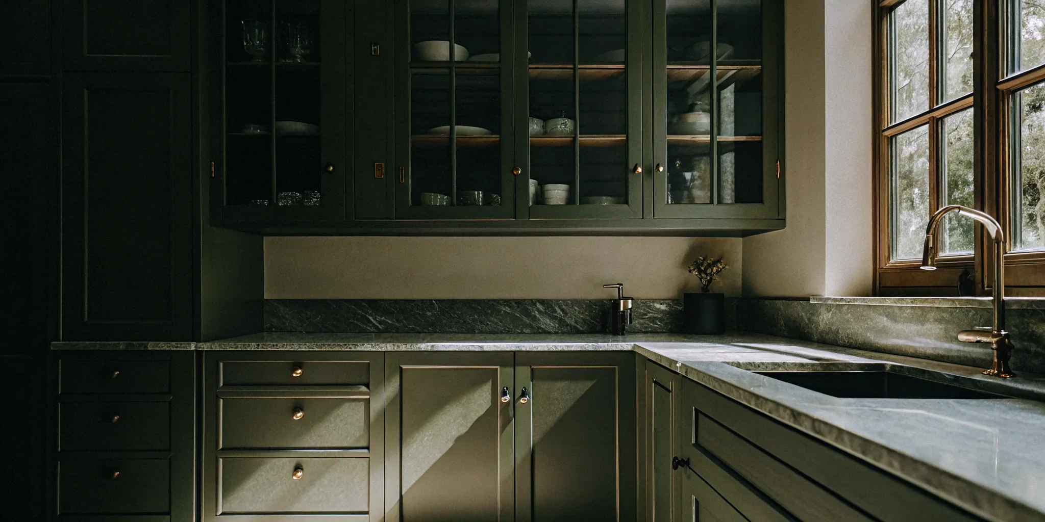 Green kitchen cabinet doors and glass-front uppers in a modern kitchen with marble countertops.