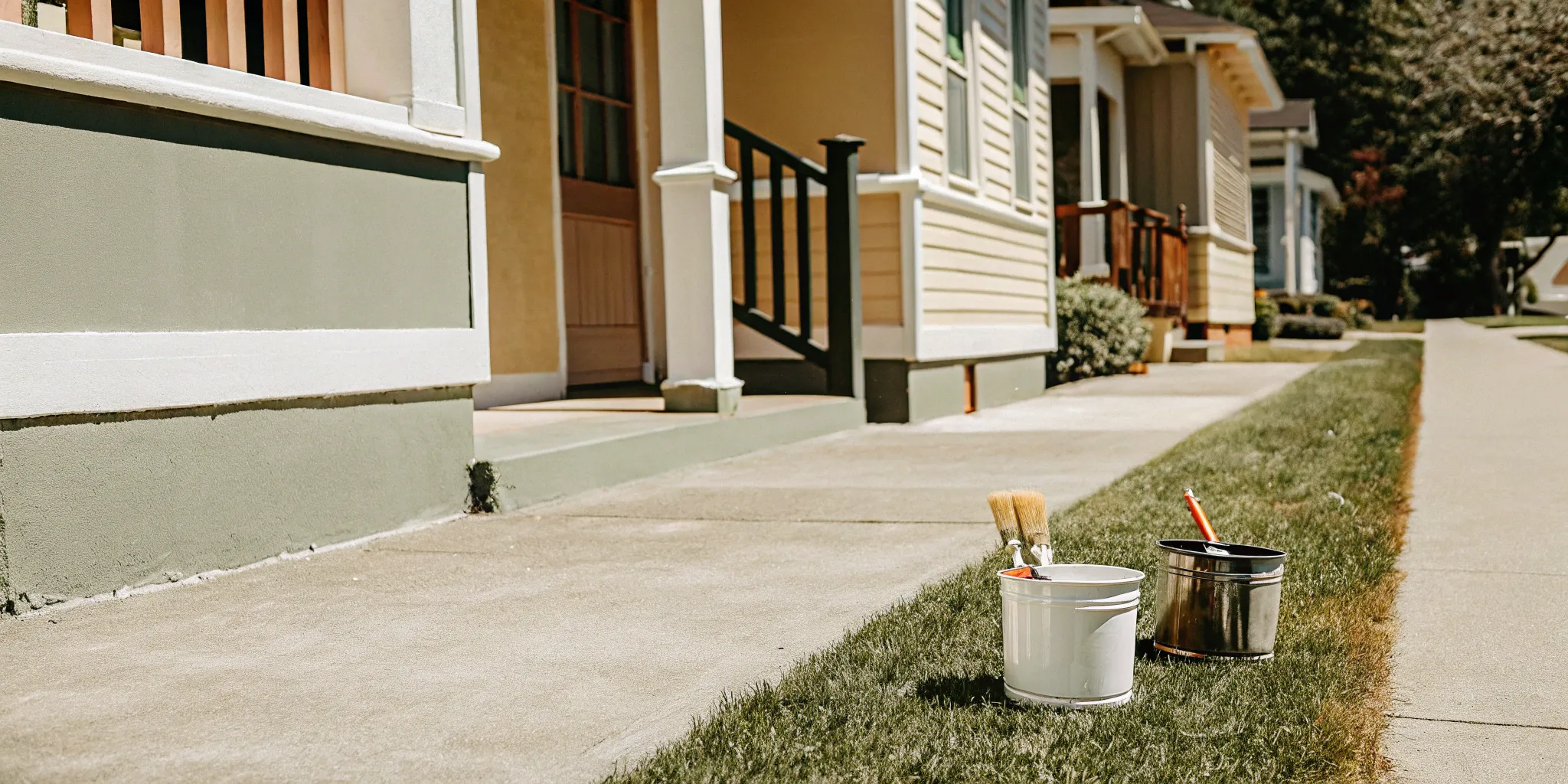 Paint and brushes on the lawn of a house, ready for an exterior painting project.