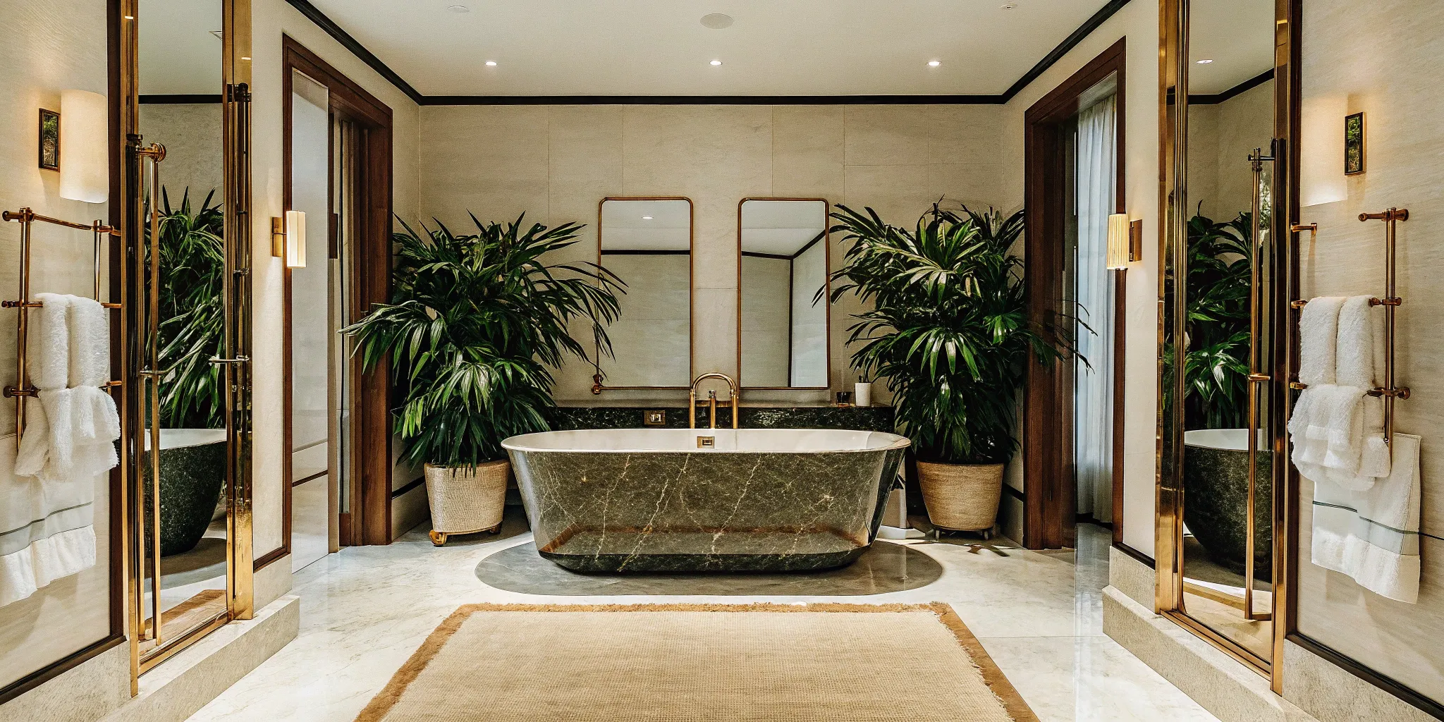 Luxurious master bathroom remodel idea with a freestanding tub, gold fixtures, and natural elements.