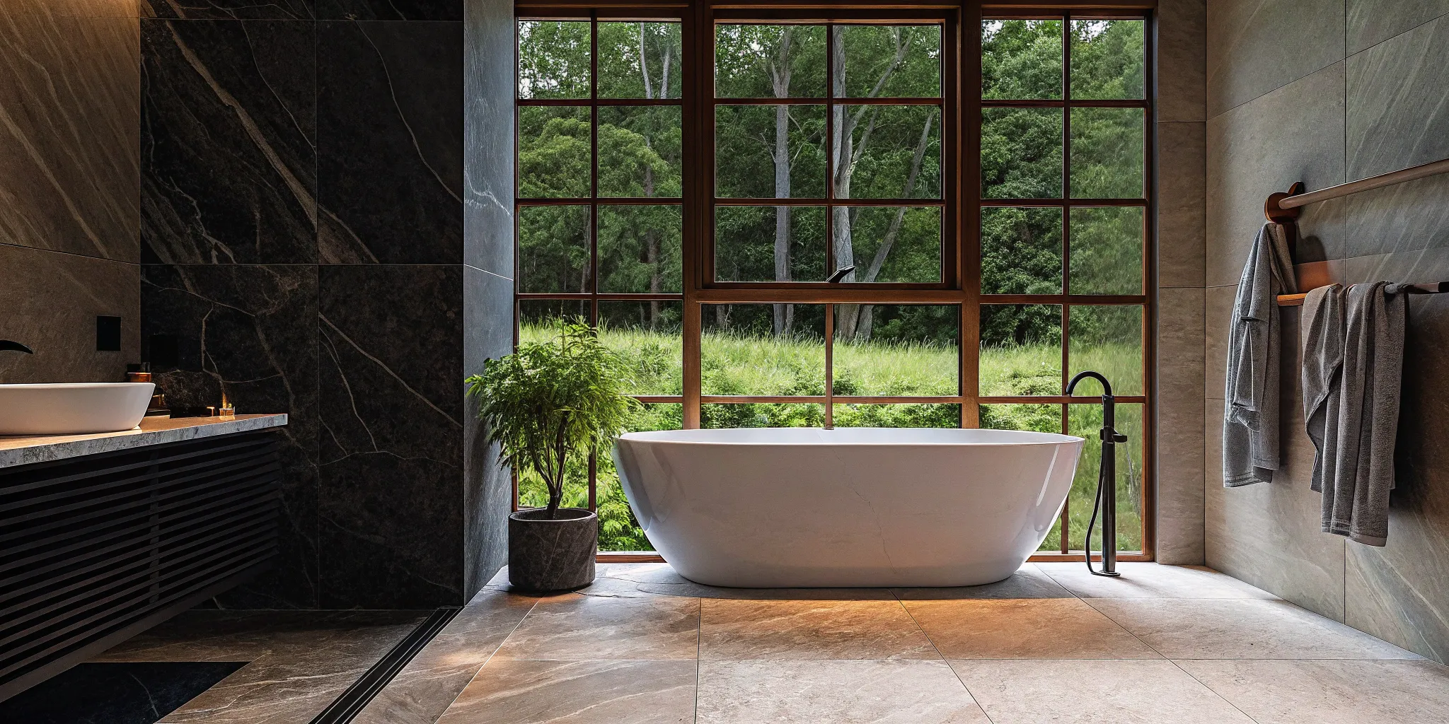 Luxury master bathroom idea with a freestanding tub and natural stone finishes for a home spa.