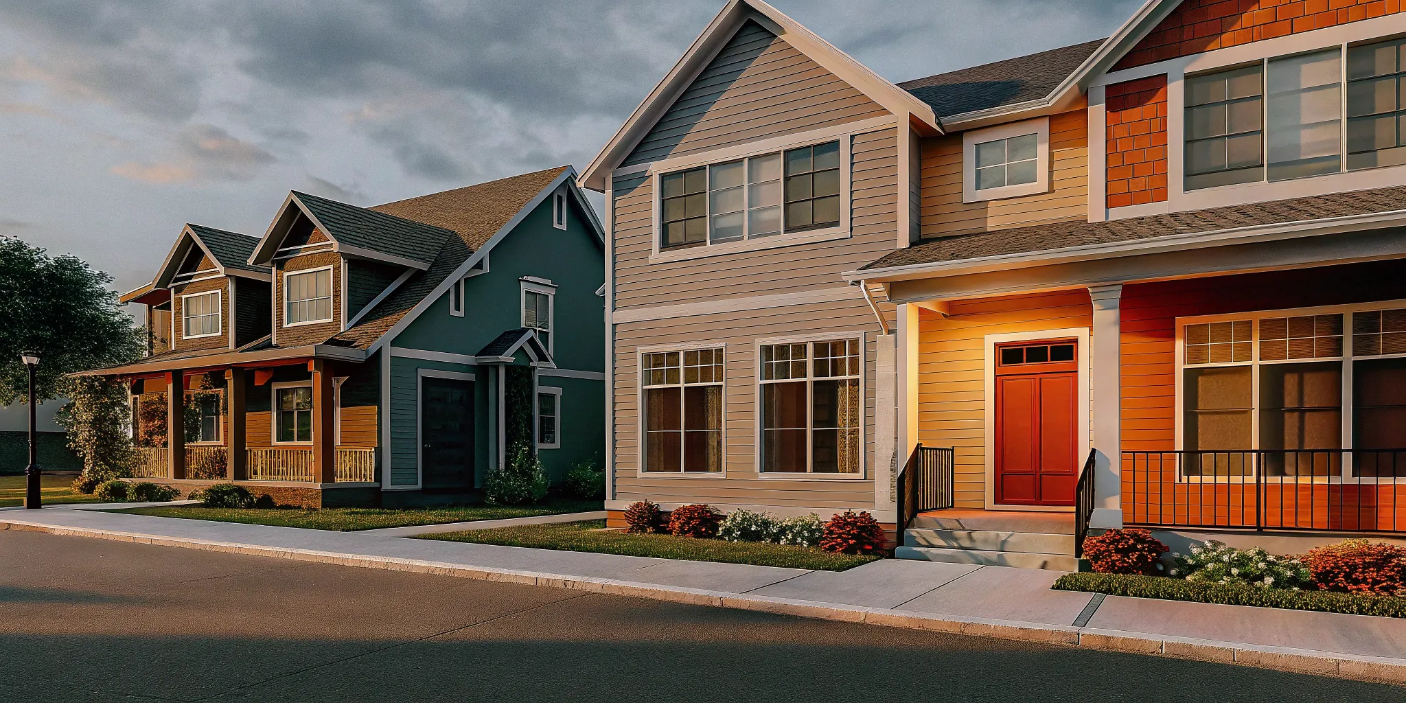 A row of houses painted in various outside colours like neutral, blue, and earthy tones.