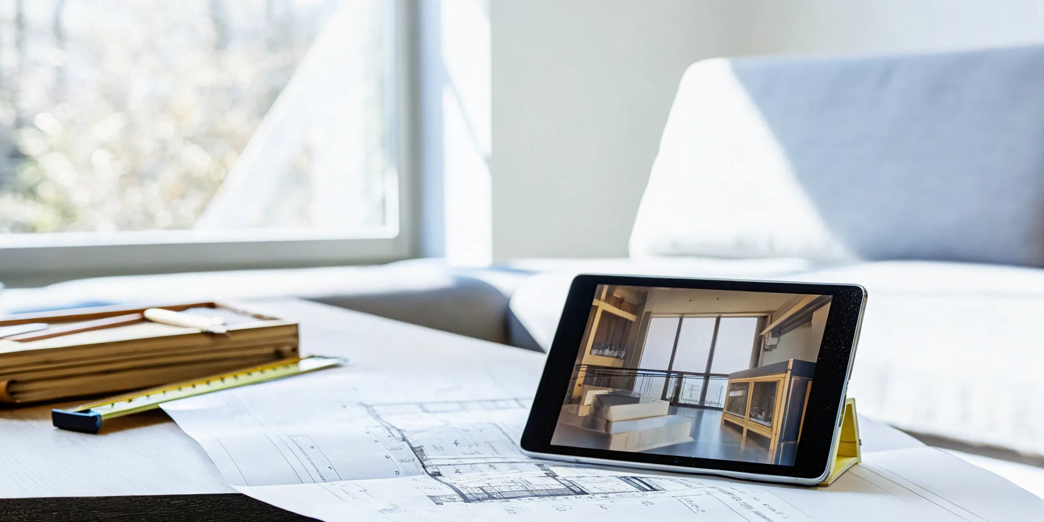 Tablet and construction blueprints used to compare hiring a construction manager vs a general contractor.