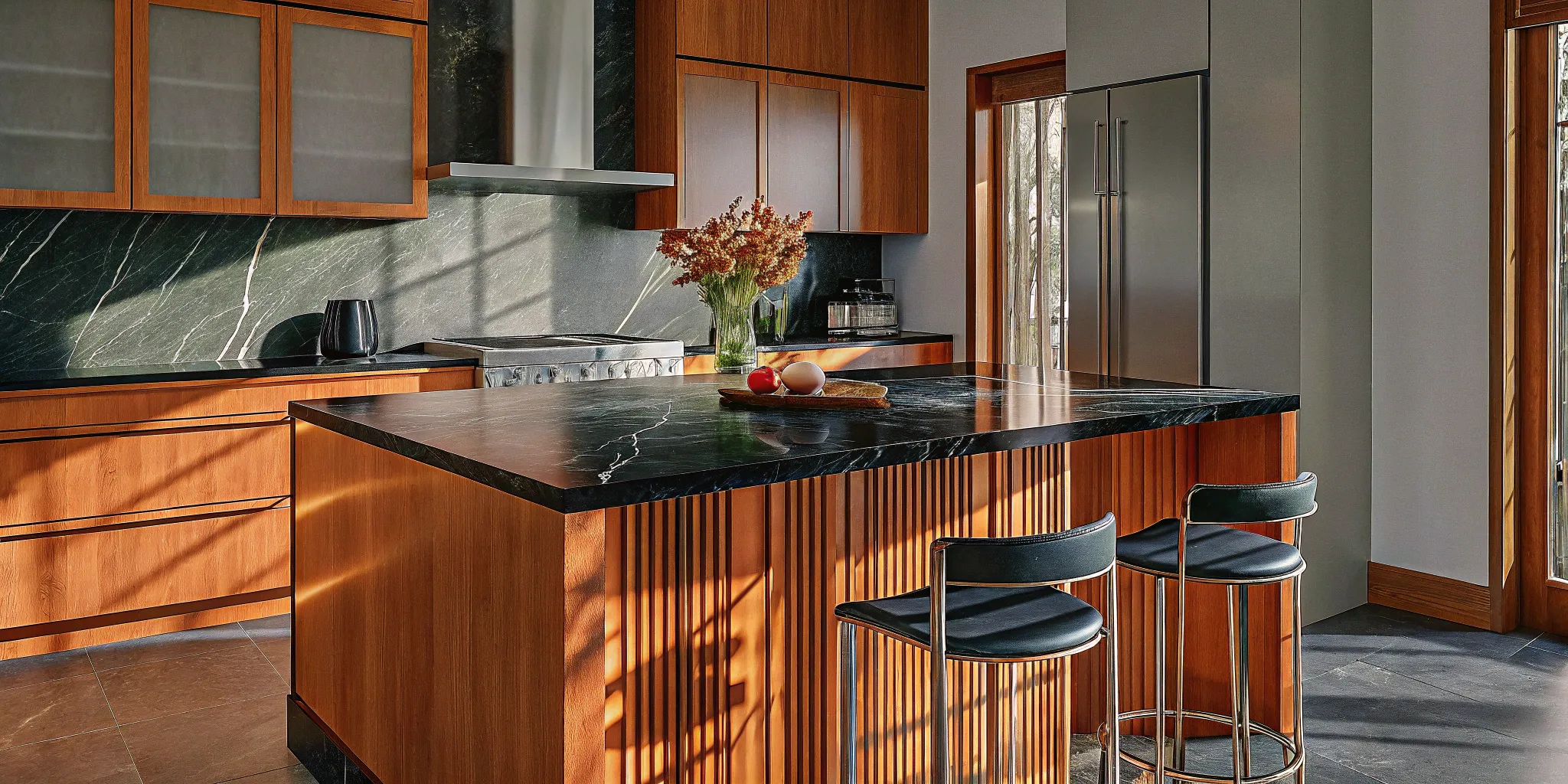The cost to install a large kitchen island with a black stone top and integrated seating.