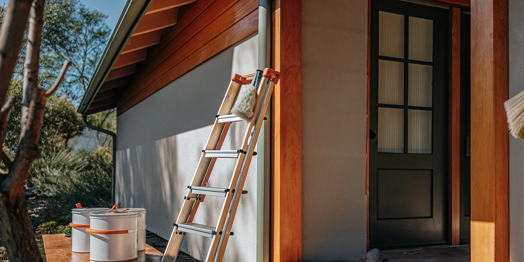 Painting the exterior of a house with a ladder and fresh paint.