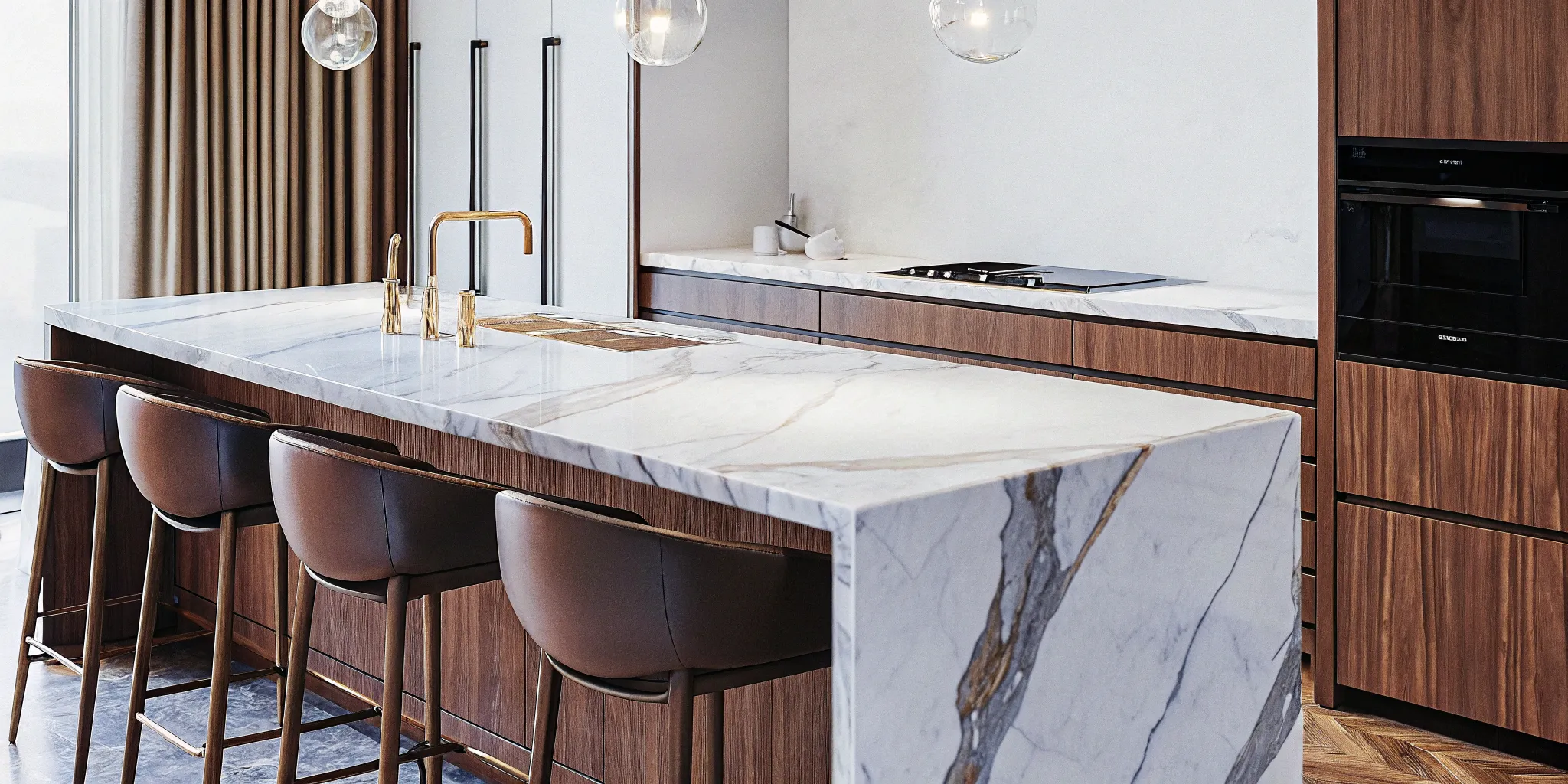 A successful kitchen island installation with a marble countertop and wood cabinets.