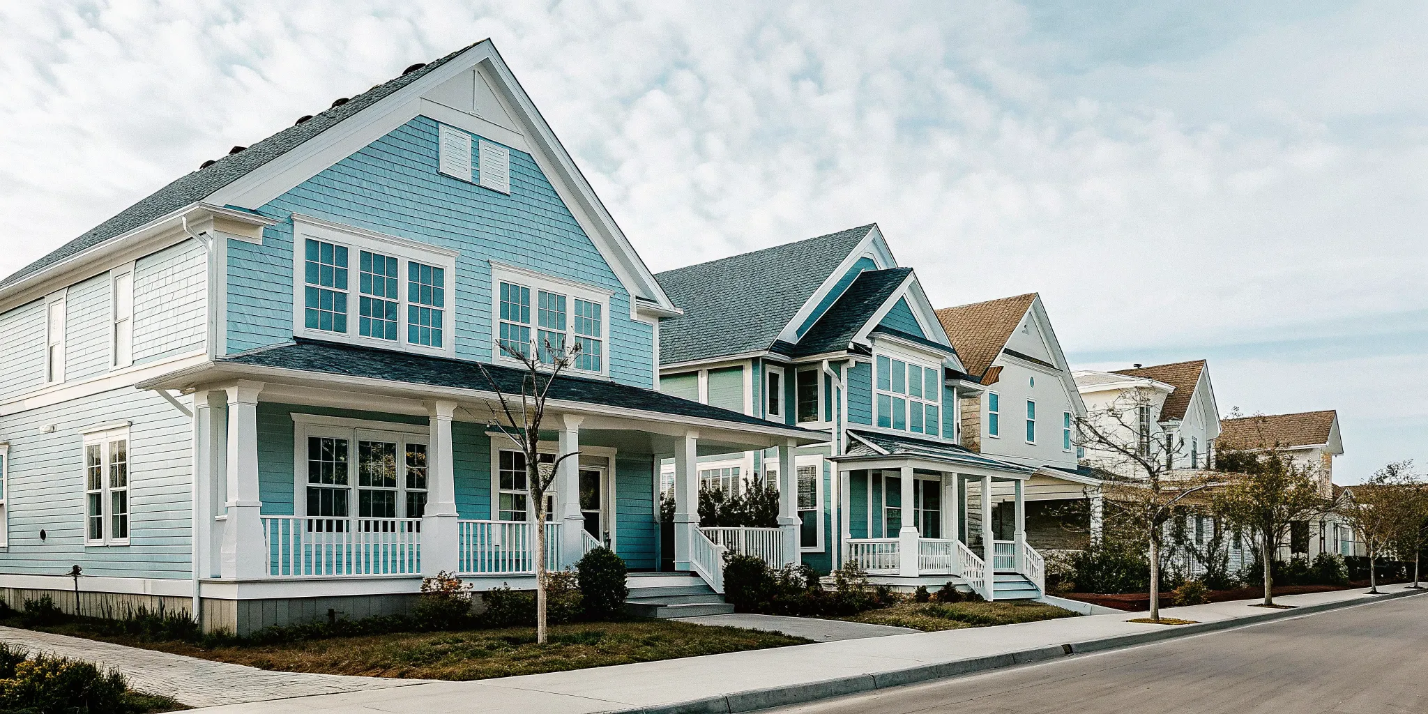 Modern house exteriors painted in popular blue and neutral colour combinations.