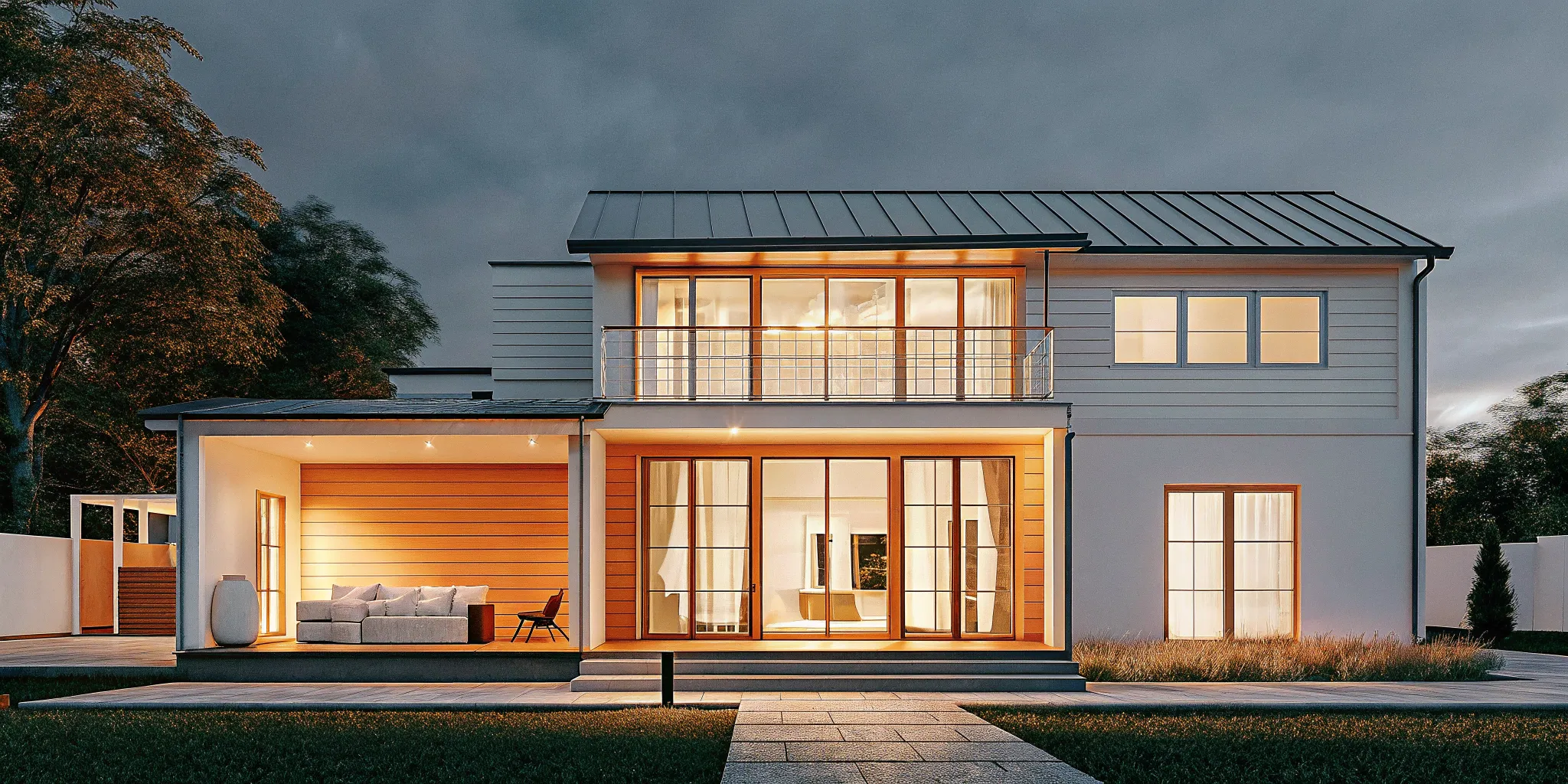 A modern ranch house with a completed second story addition.