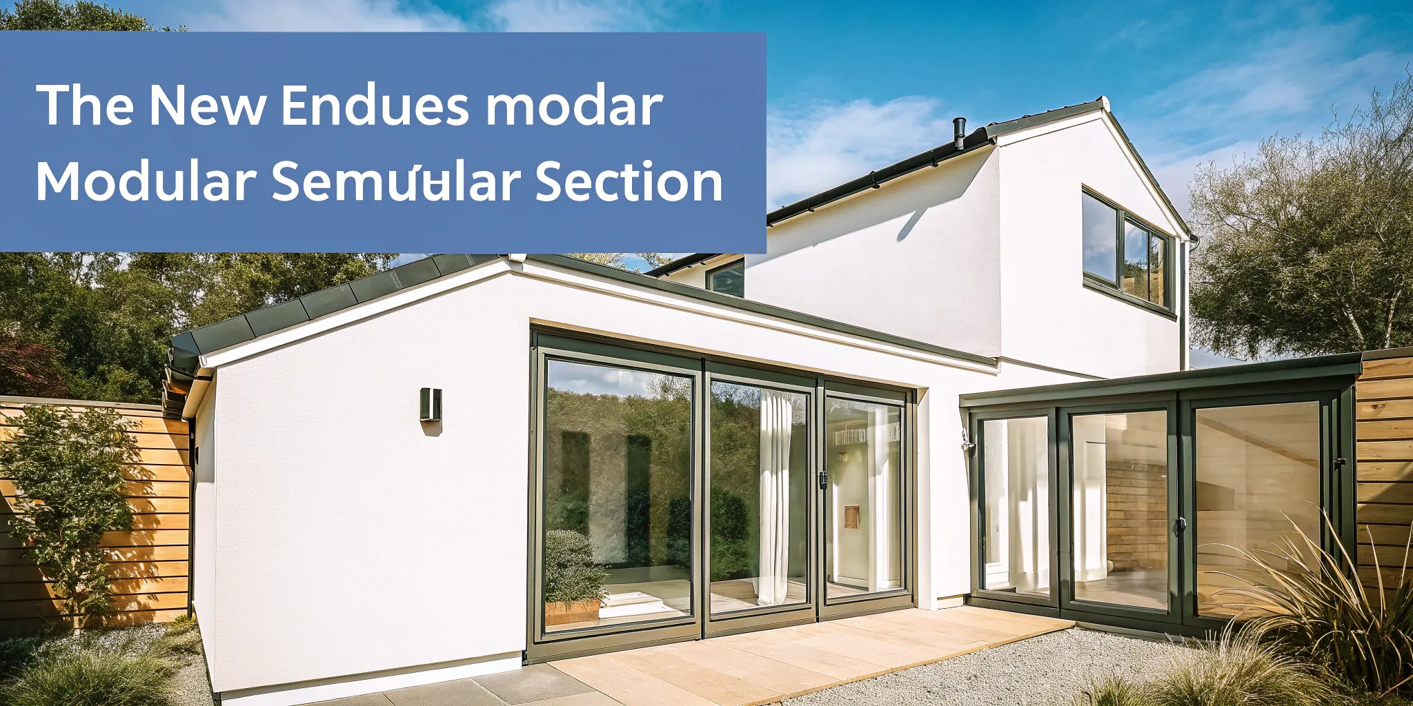 White modern modular addition with large glass doors connected to an existing home.