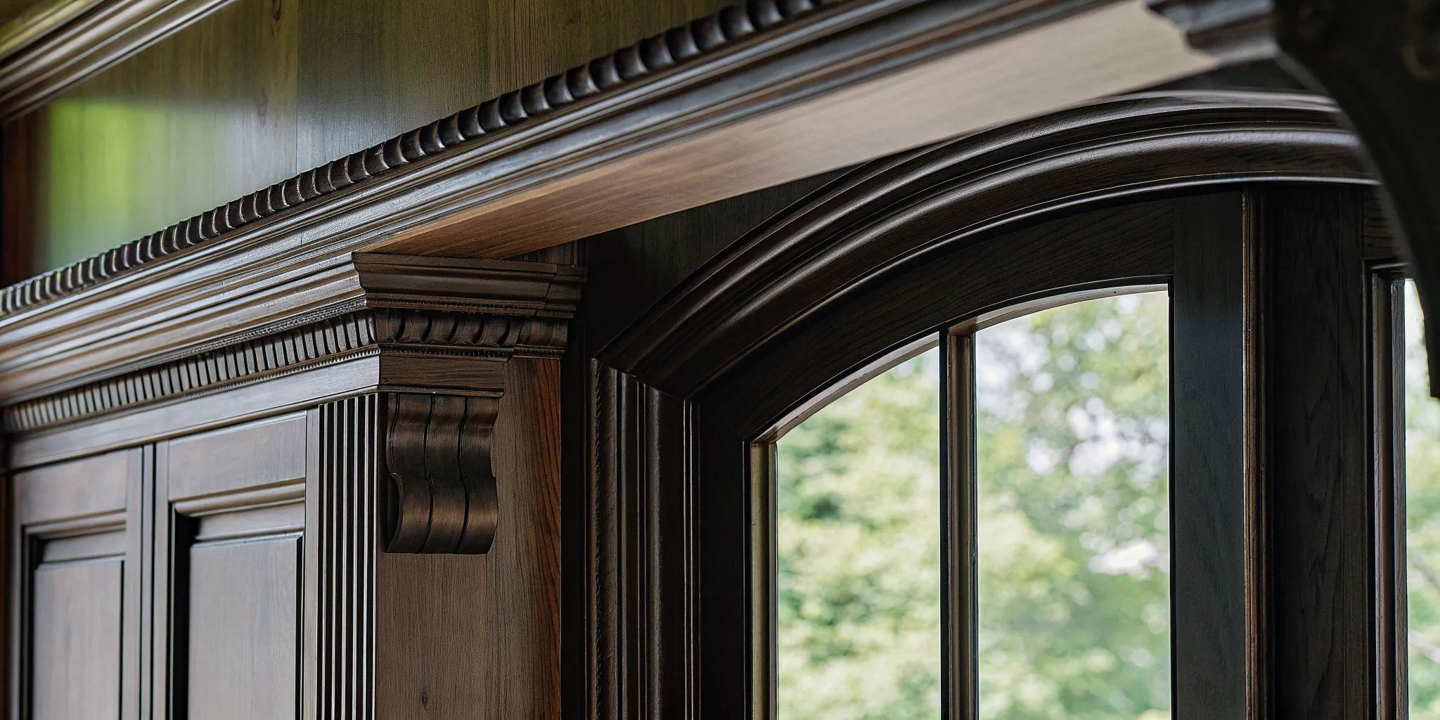 What finish carpentry is: detailed wood trim and molding on a door frame and cabinet.