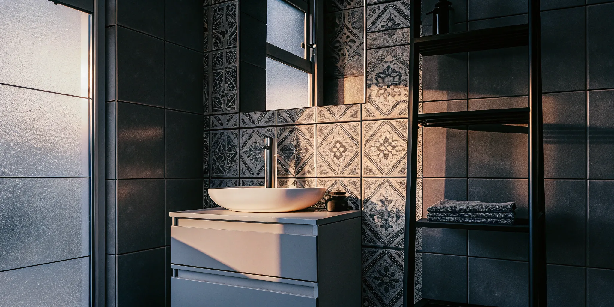 Small bathroom layout idea featuring a compact vanity, patterned tile, and smart shelving to maximize space.