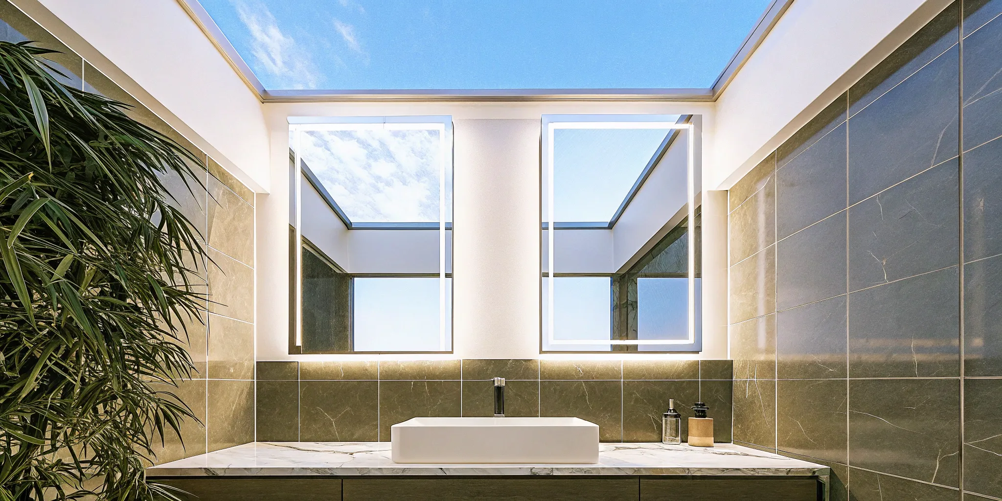 A small bathroom remodel idea featuring a floating vanity, large mirror, and bright natural light.