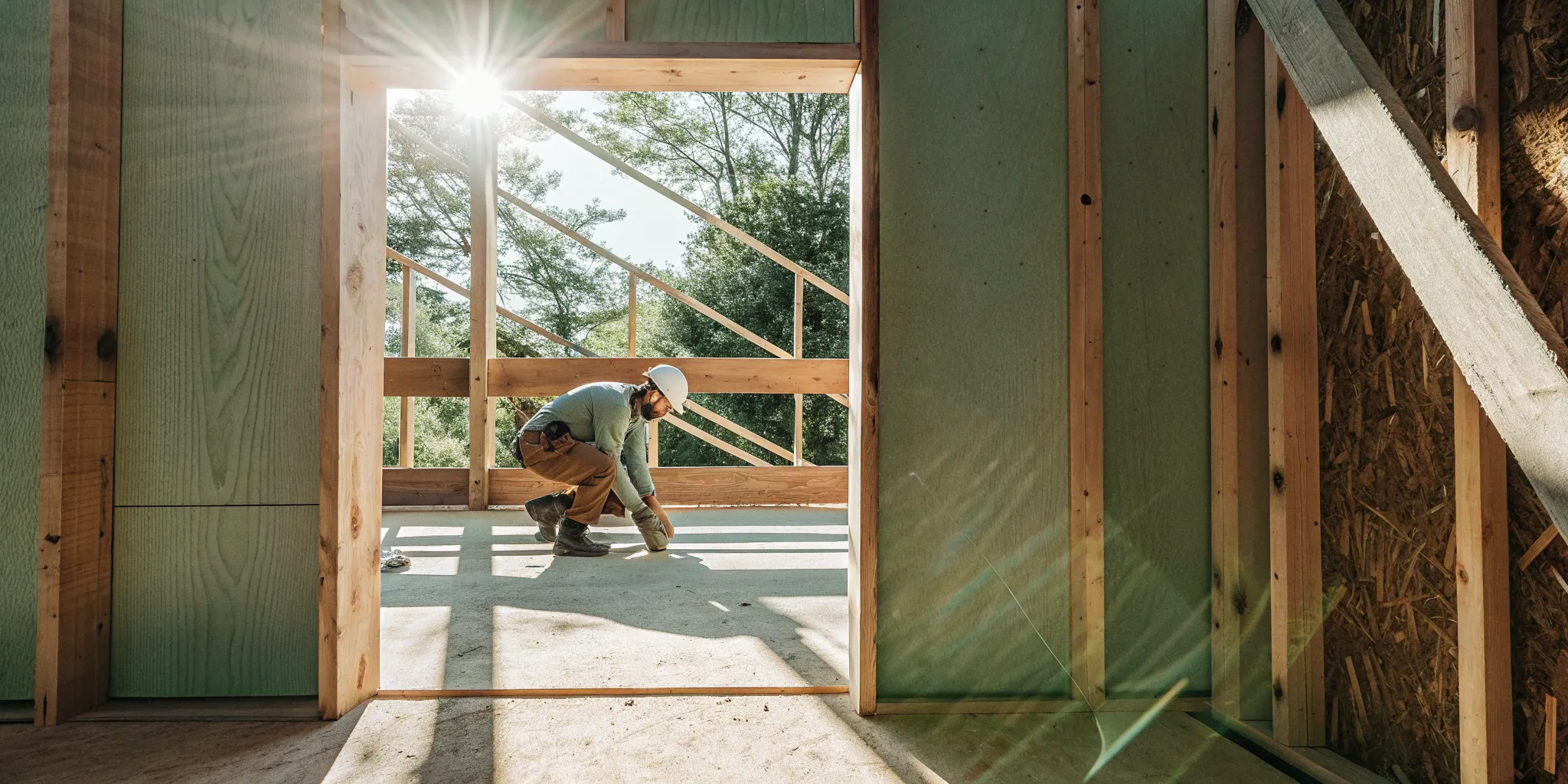 Wood framing contractors building the structural frame of a new home.