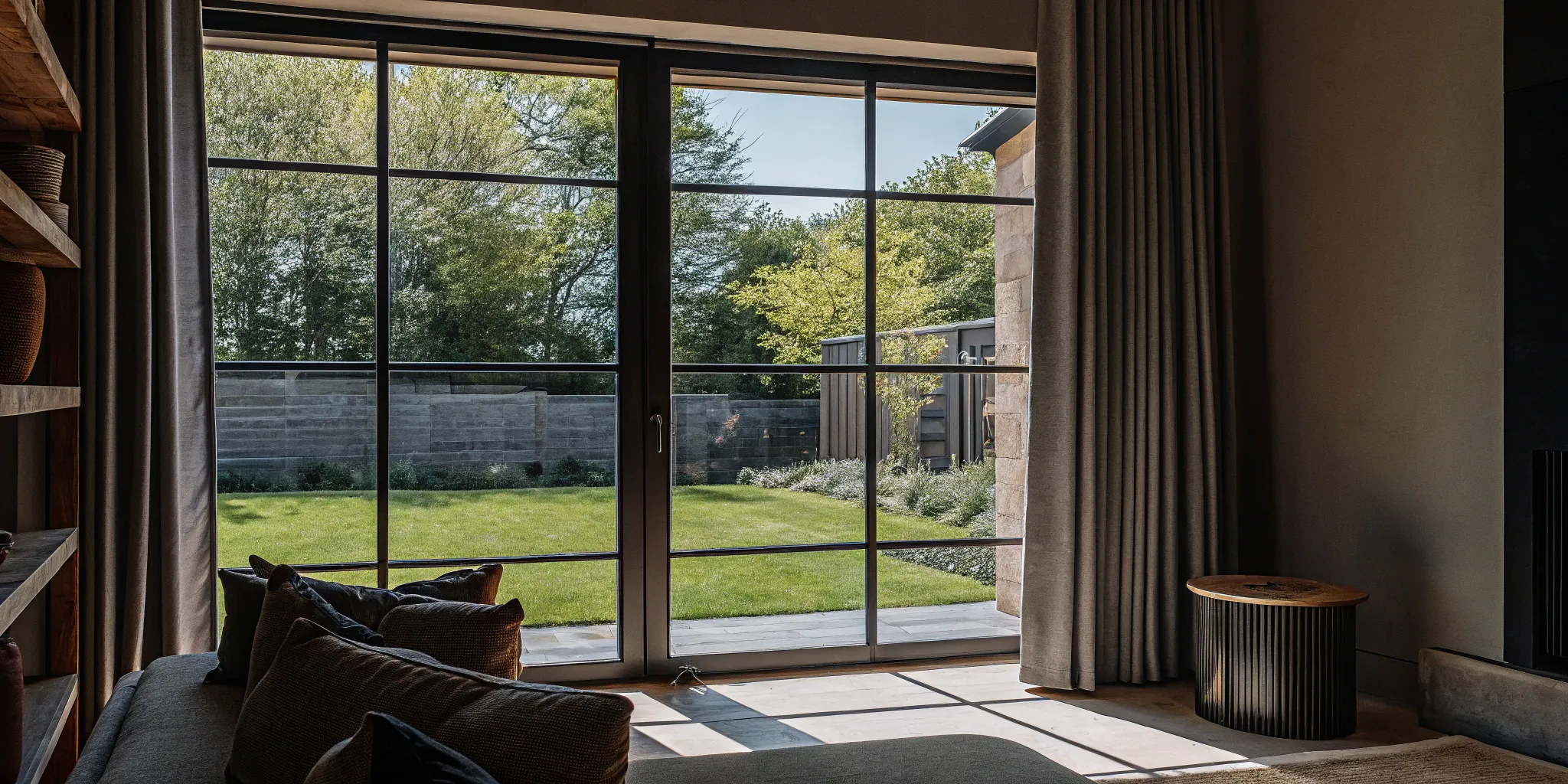 A modern living room with energy-saving triple pane windows overlooking a backyard.