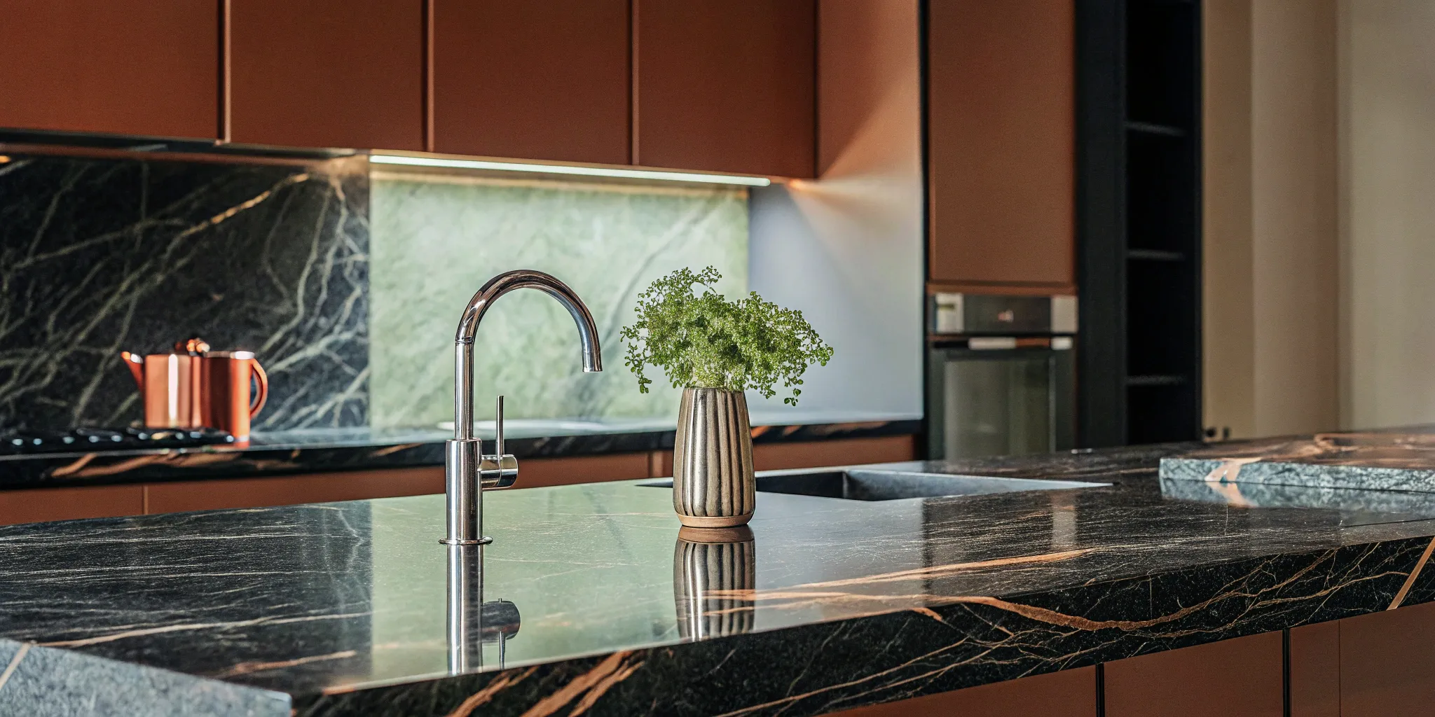 Modern kitchen with marble countertops, a key factor in the average cost of a kitchen renovation.