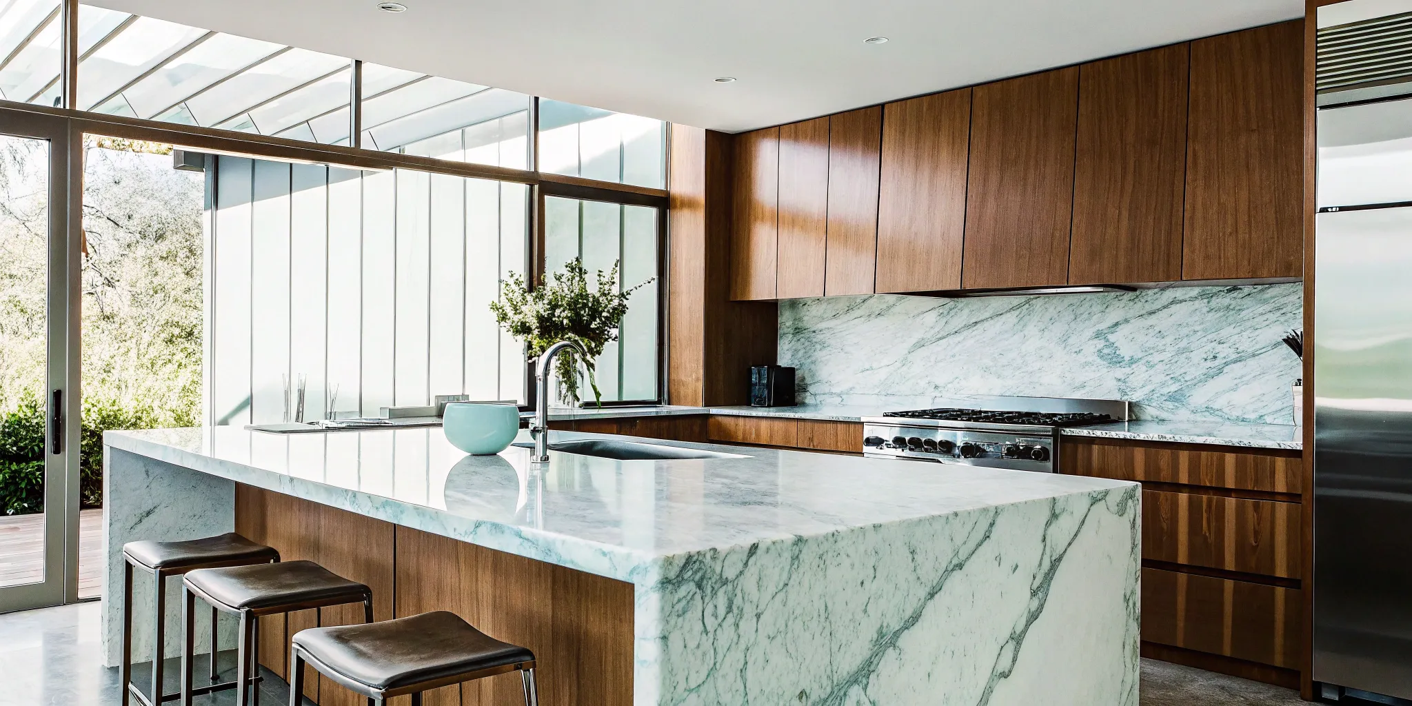 Modern kitchen with a marble island, a major factor in the overall whole house remodel cost.