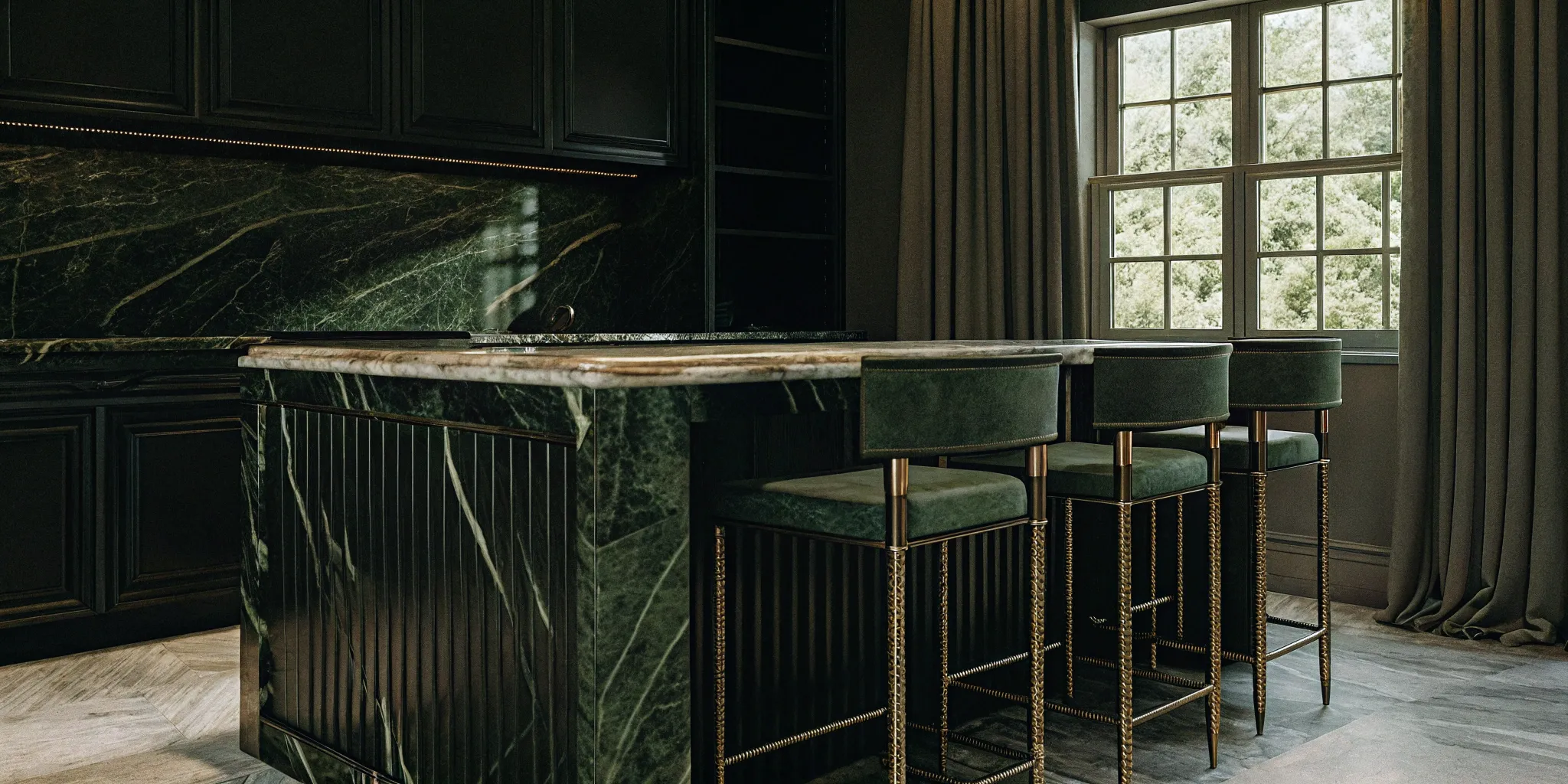 Custom kitchen island with seating, a green stone countertop, and modern bar stools.