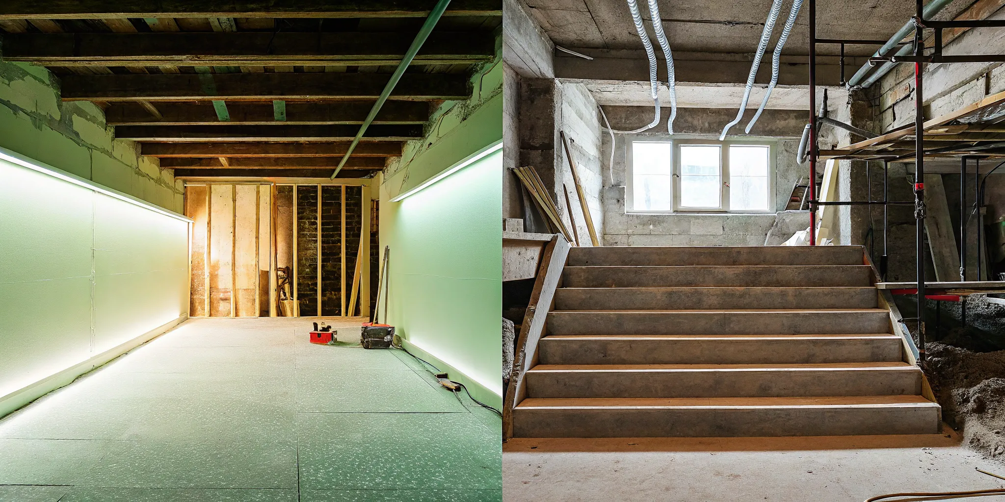 General contractor basement finishing in progress with exposed framing and a new staircase.