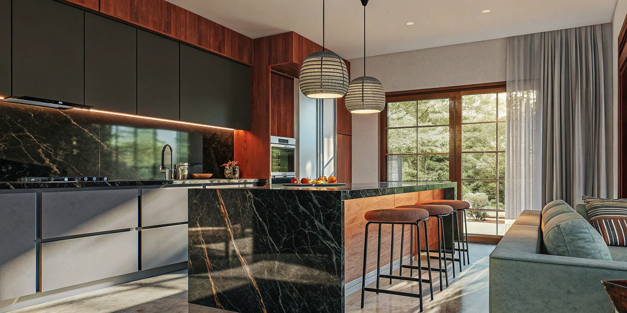 The cost of a modern kitchen remodel featuring a black marble island and sleek cabinets.