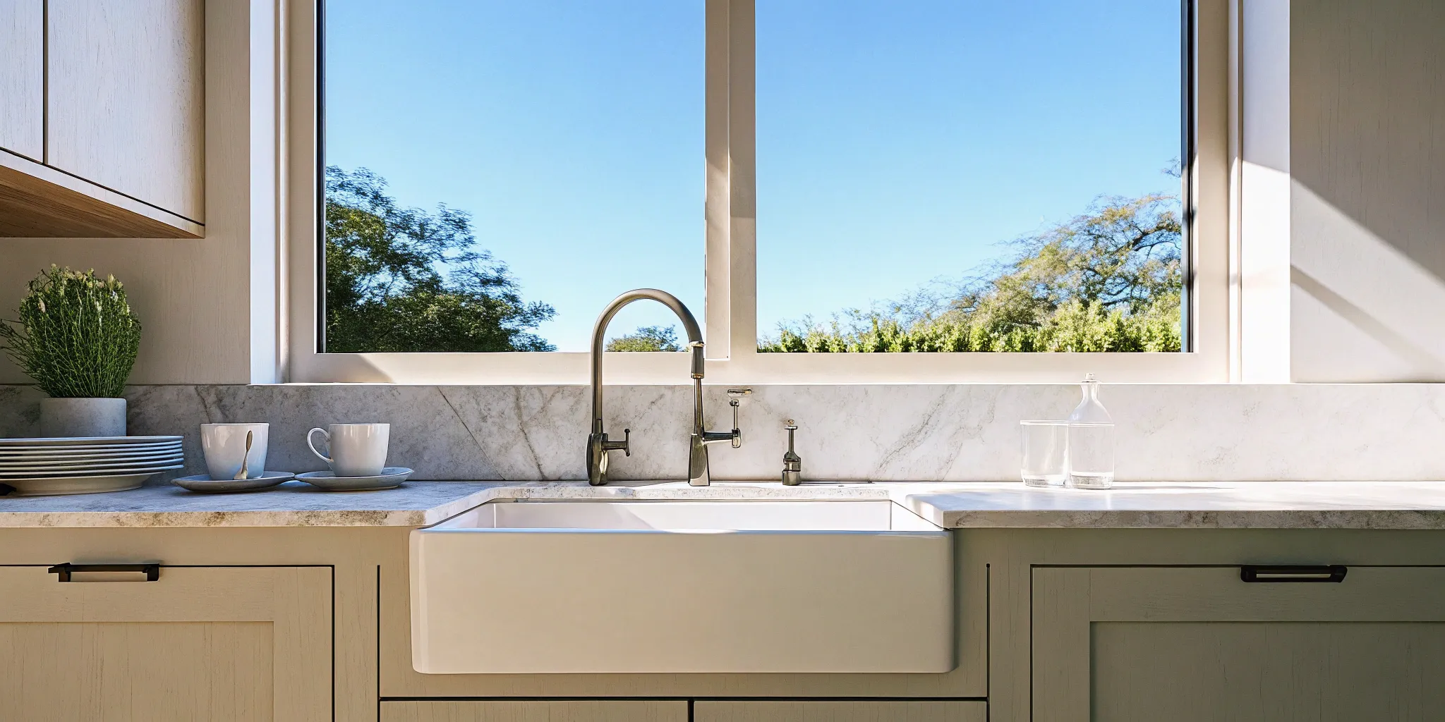 The cost to remodel a small kitchen with modern white cabinets, a farmhouse sink, and marble countertops.