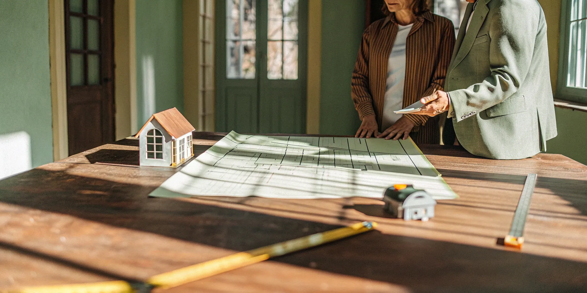 A residential general contractor reviews construction blueprints with a client over a model house and tools.