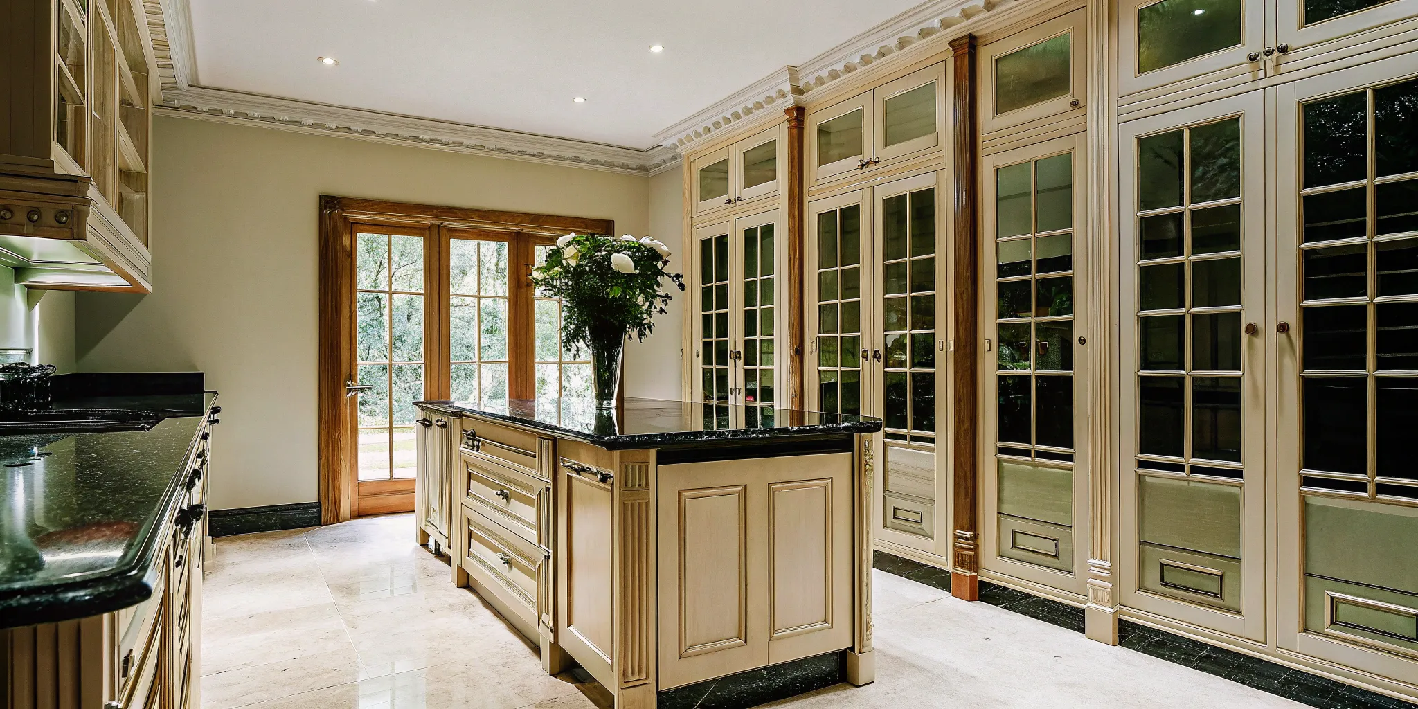 Custom kitchen cabinets with glass doors and a center island in a luxury kitchen.