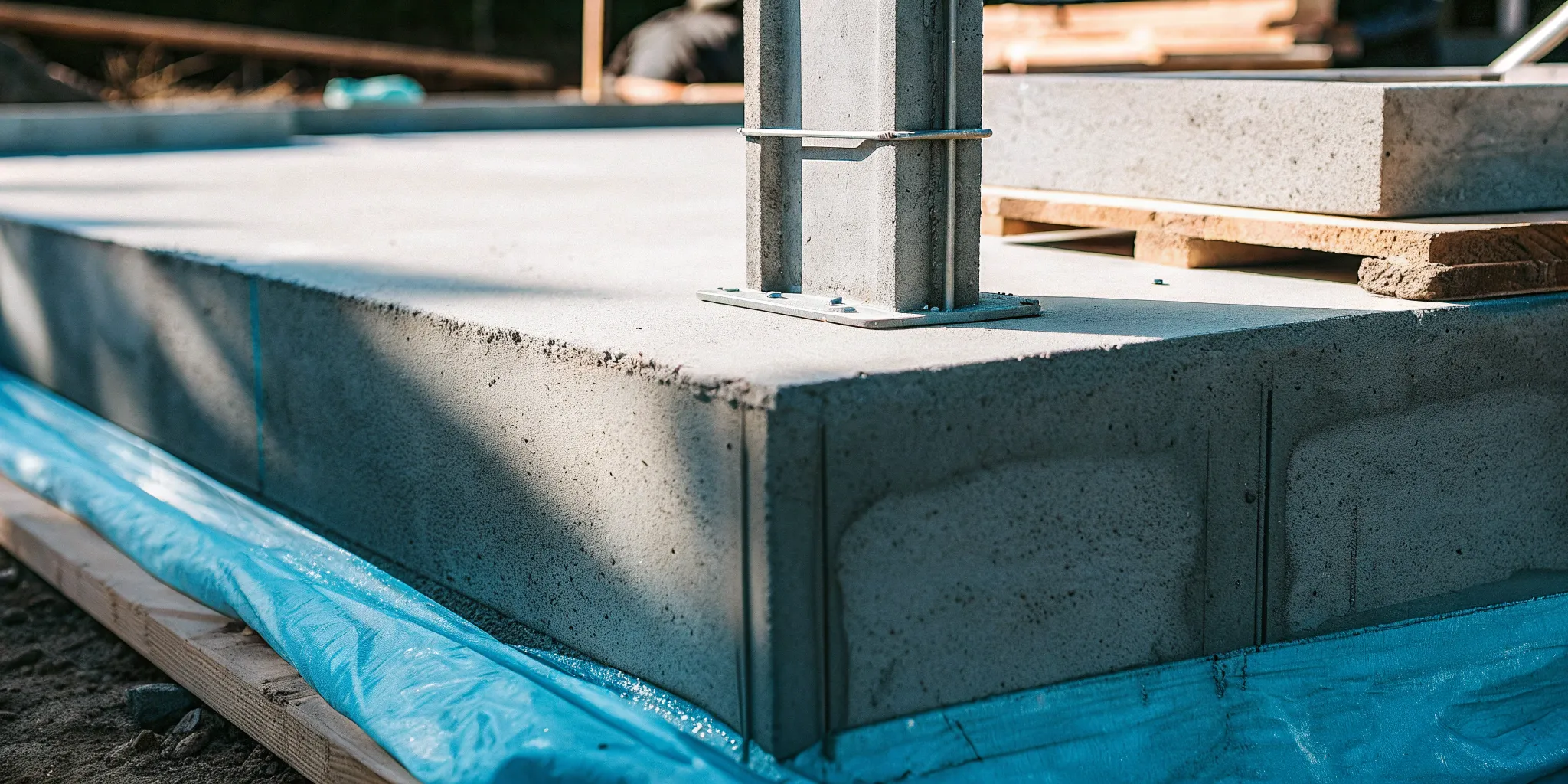 Concrete foundation with a steel support column for a second story addition.