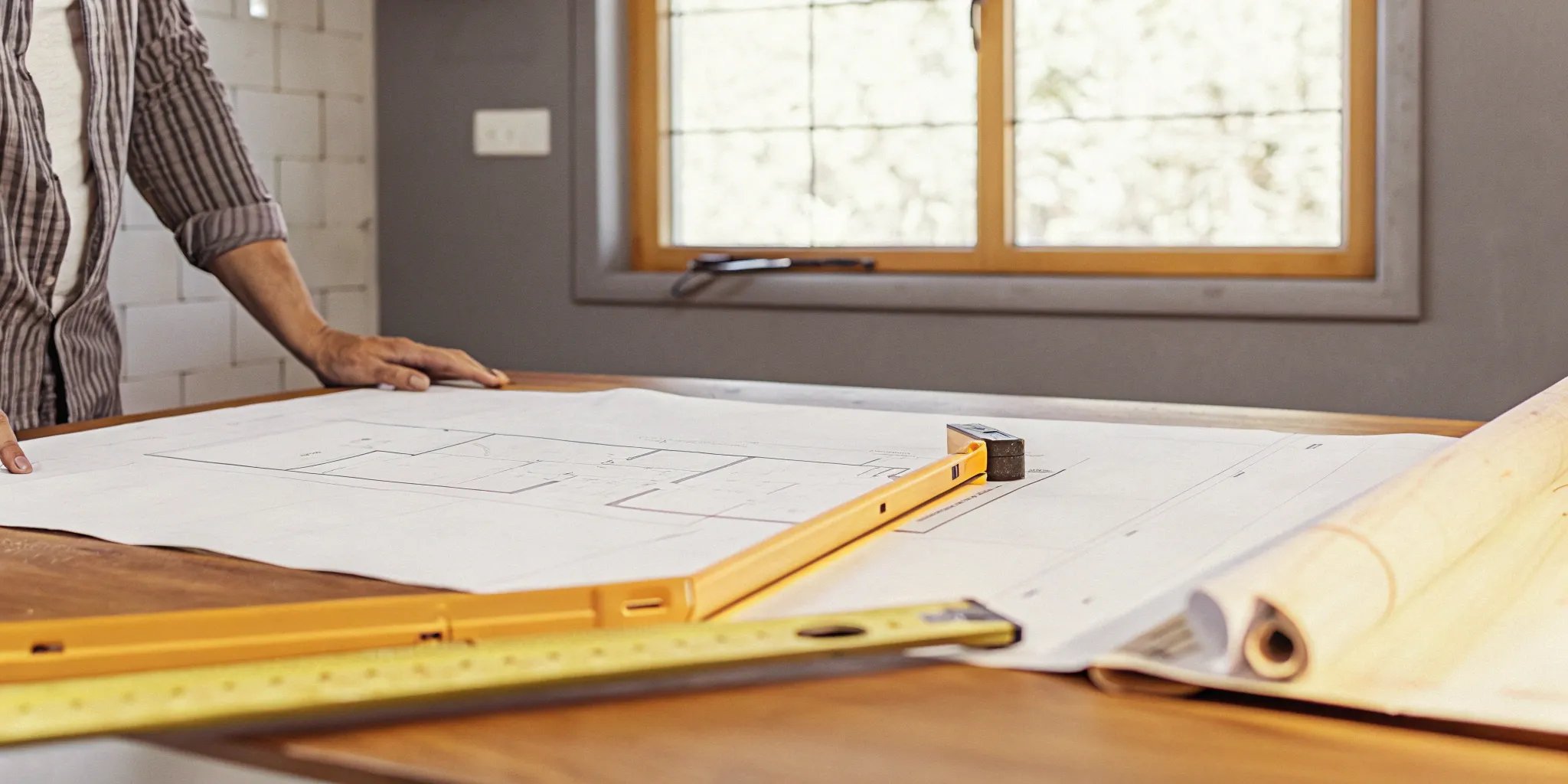 House extension contractor reviewing blueprints for a project.
