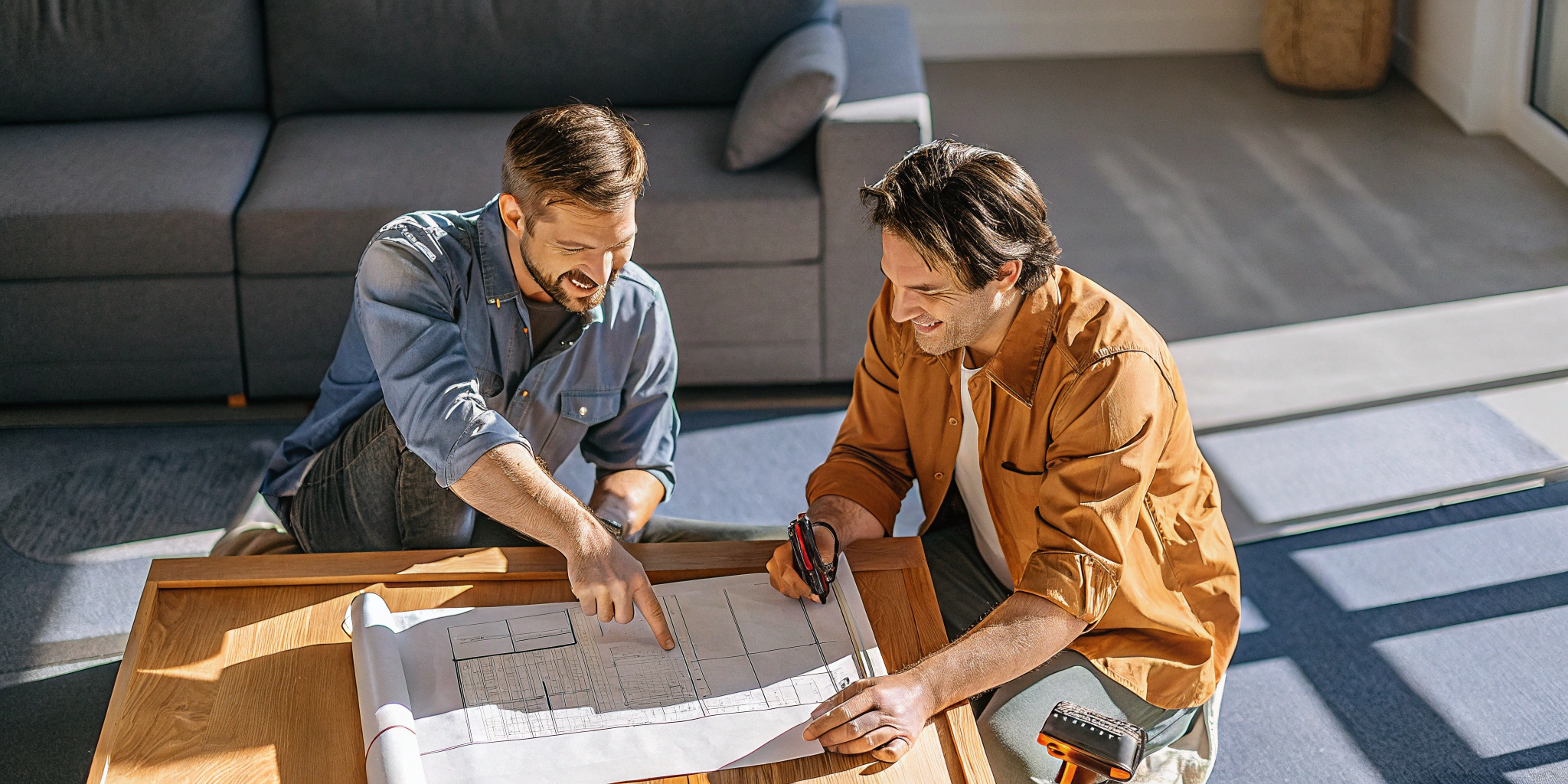 A homeowner and contractor review blueprints for a home improvement project.