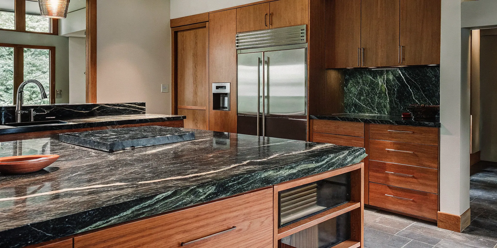 Modern kitchen remodel by a Chicago contractor with dark marble countertops and wood cabinets.