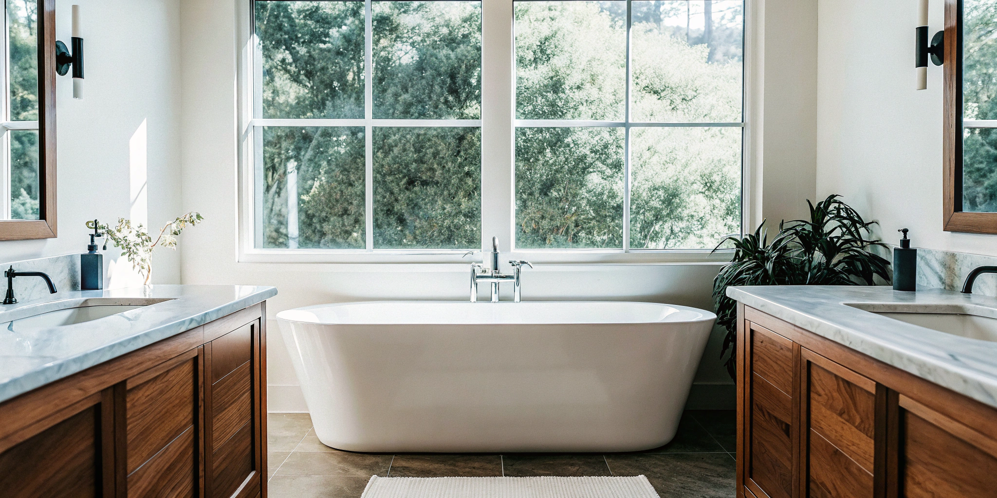 A modern bathroom remodel in Palatine with a freestanding tub and dual wood vanities.