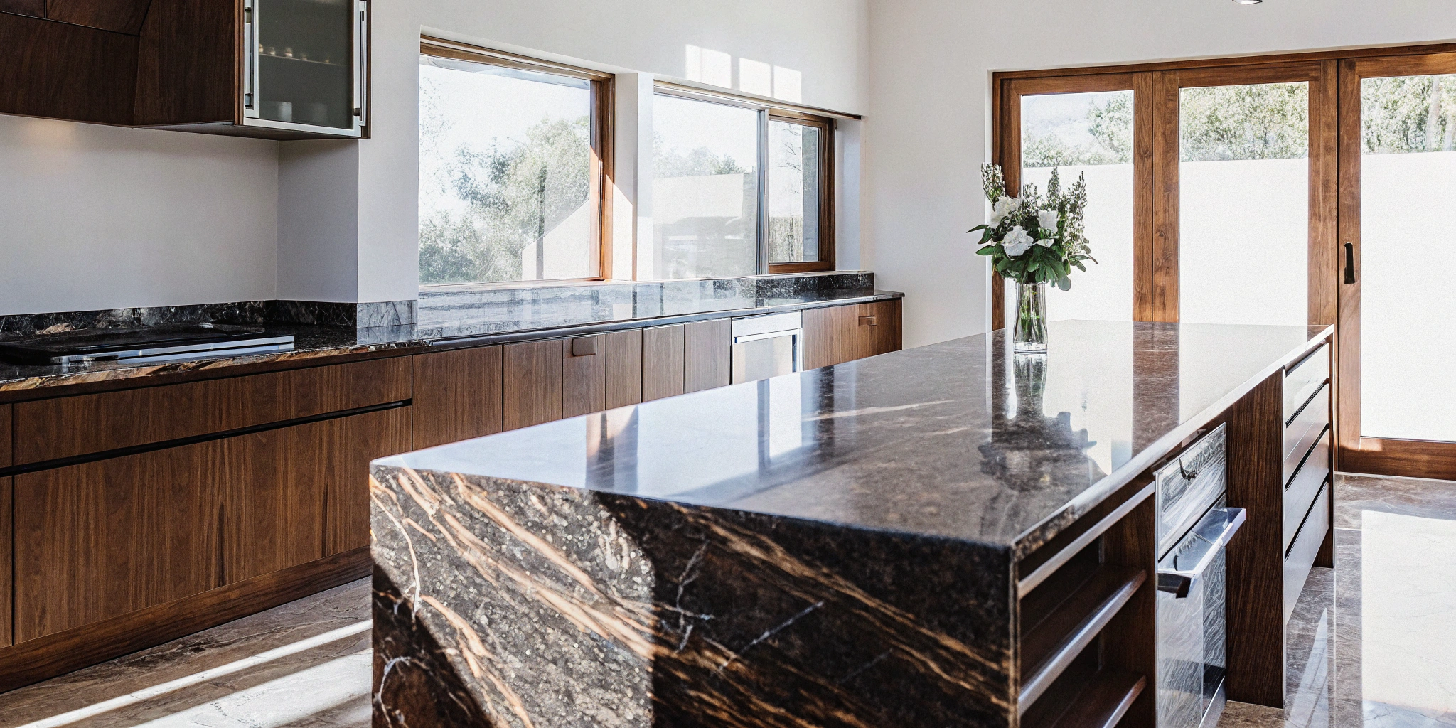 A modern kitchen remodel with a marble island, completed by expert kitchen remodelers in Chicago.