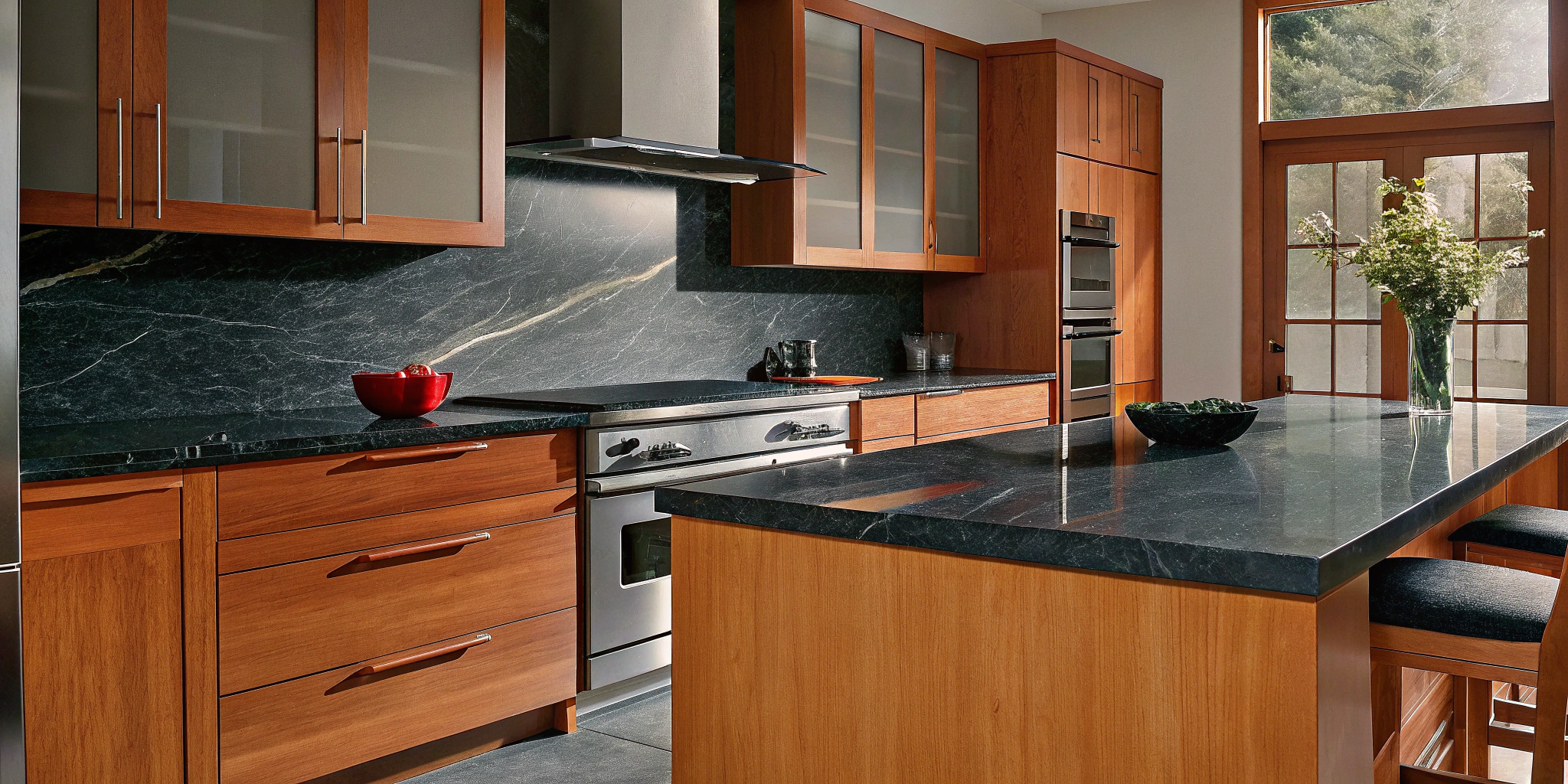 Modern kitchen remodel in Des Plaines with wood cabinets, black countertops, and a large island.