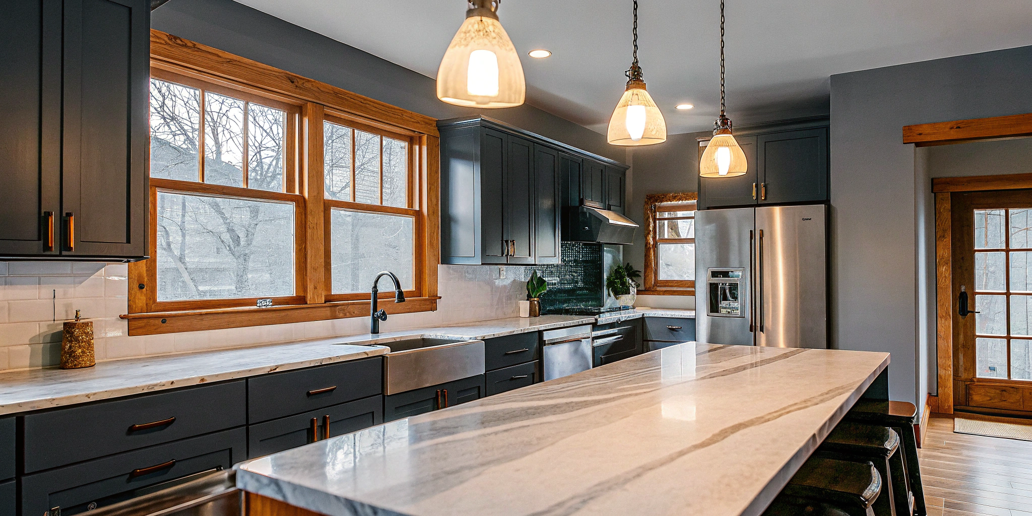 A completed kitchen remodel in Evanston showing new custom cabinets, countertops, and appliances.