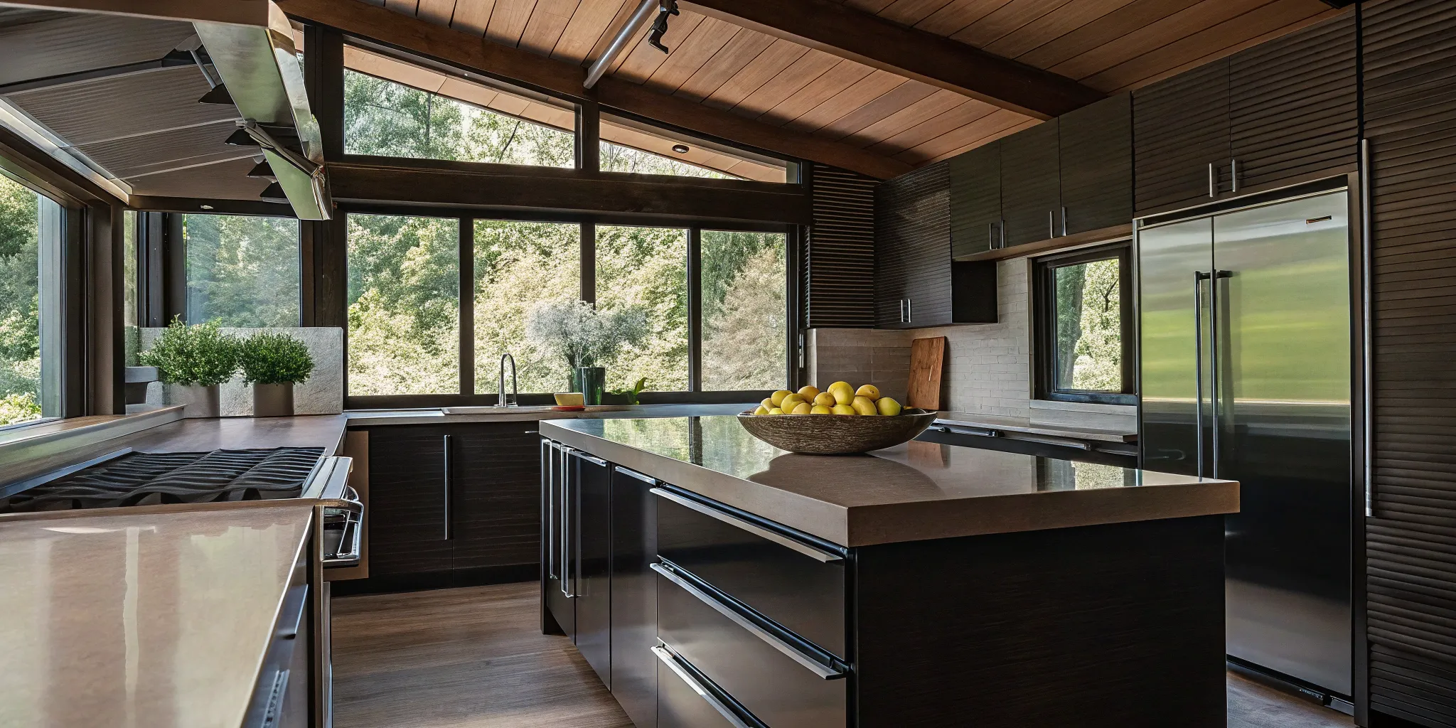 Modern Skokie kitchen remodel with dark cabinets, a large center island, and stainless steel appliances.