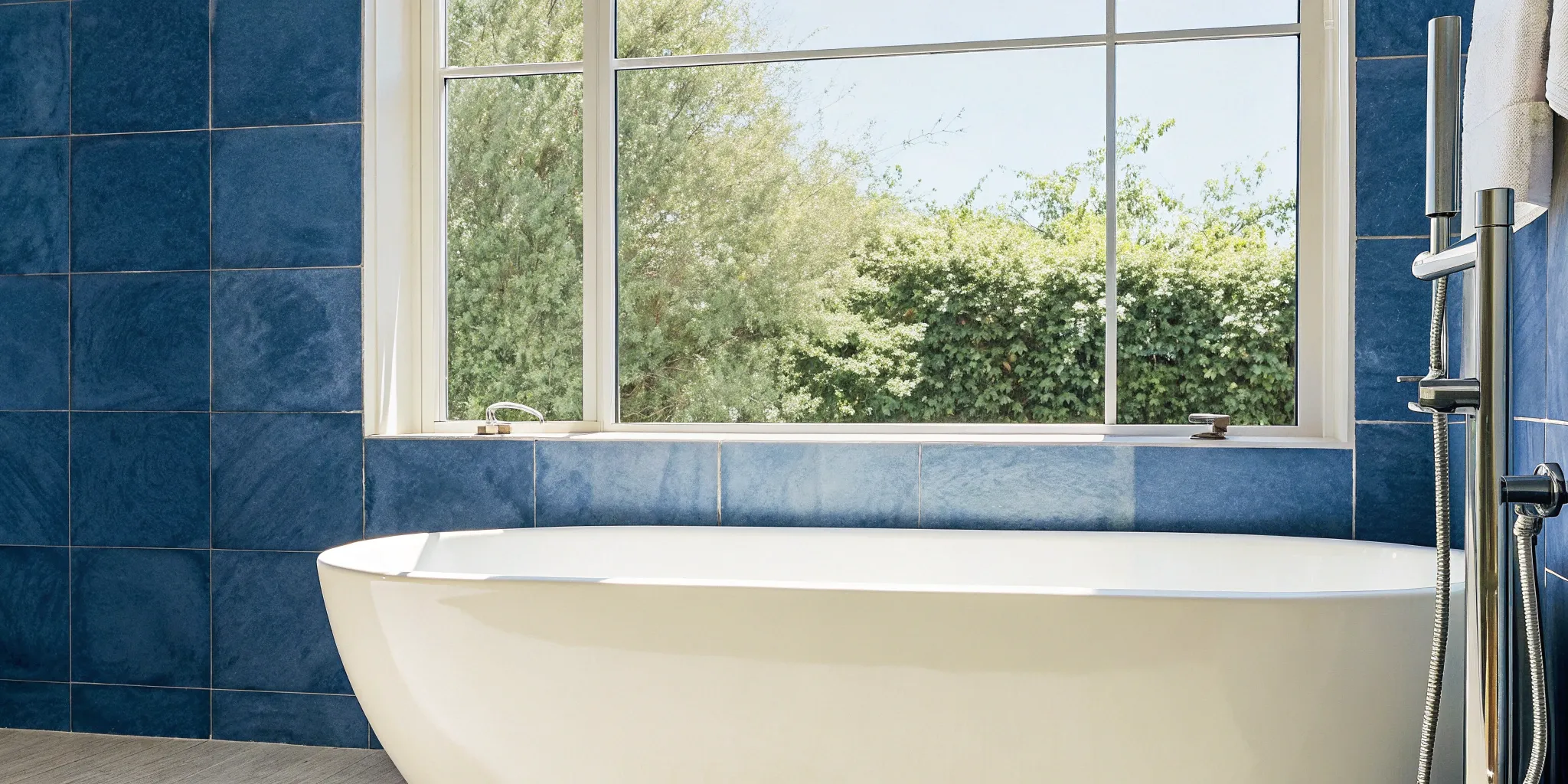 Modern bathroom remodeling in Evanston with blue tile walls, a freestanding tub, and a large window.