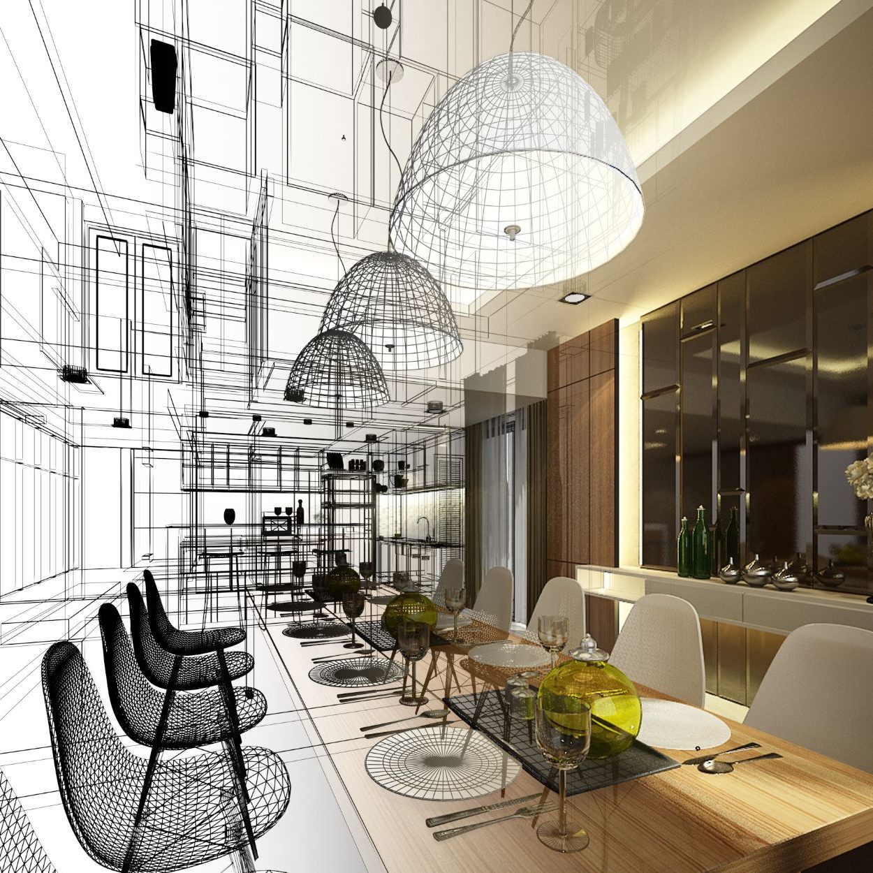Abstract Sketch Design Of Interior Dining, 3d Render